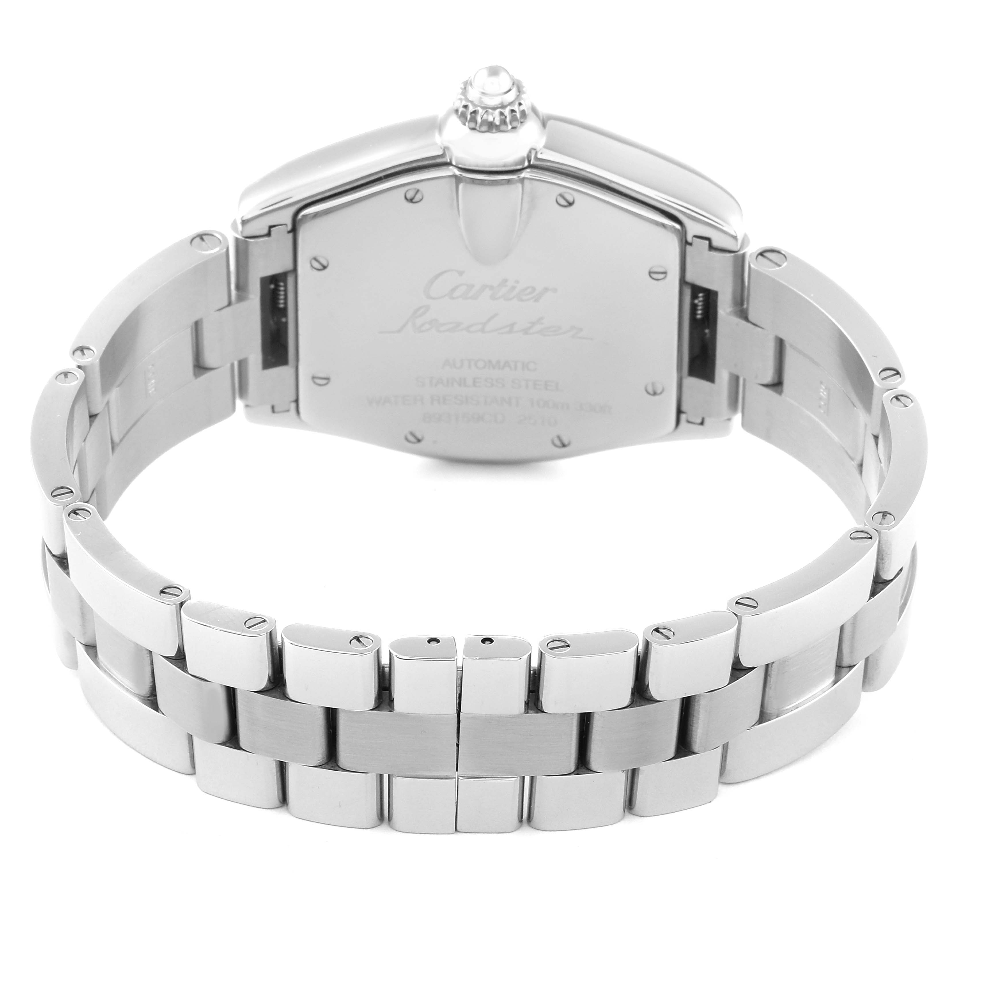 The image shows the back and bracelet of a Cartier Roadster W62002V3 Men's Stainless Steel Black Dial W62002V3 Men's Stainless Steel Black Dial watch, displaying its stainless steel rear case and deployment clasp.