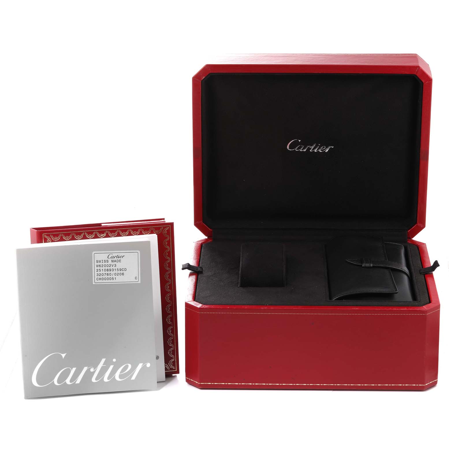 The image shows the packaging, documentation, and accessories for the Cartier Roadster W62002V3 Men's Stainless Steel Black Dial W62002V3 Men's Stainless Steel Black Dial watch.