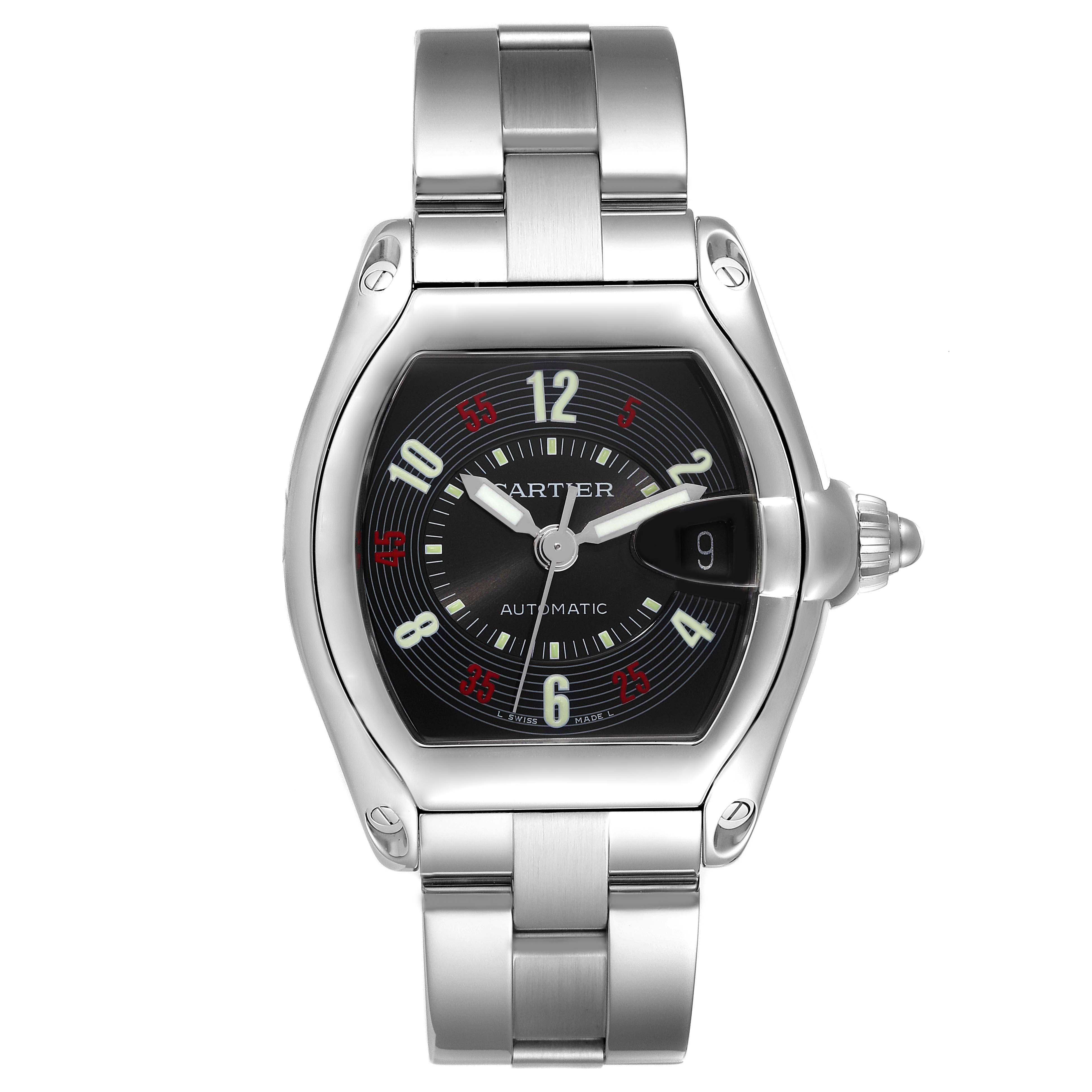 The Cartier Roadster W62002V3 Men's Stainless Steel Black Dial W62002V3 Men's Stainless Steel Black Dial watch is shown from a front angle, displaying its face, bezel, crown, and bracelet.