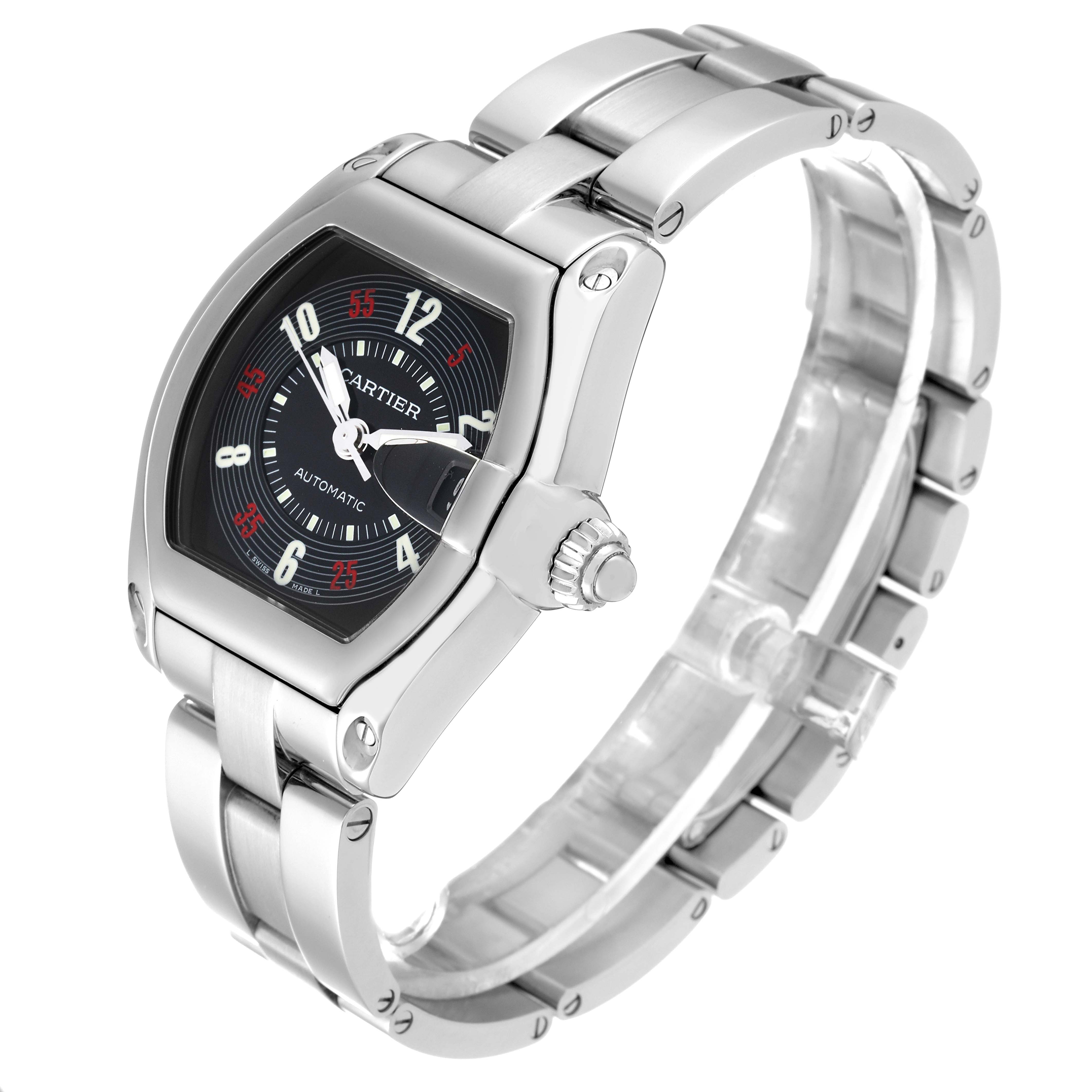 The image shows a Cartier Roadster W62002V3 Men's Stainless Steel Black Dial W62002V3 Men's Stainless Steel Black Dial watch at a three-quarter angle, highlighting its silver bracelet, black dial, and crown.