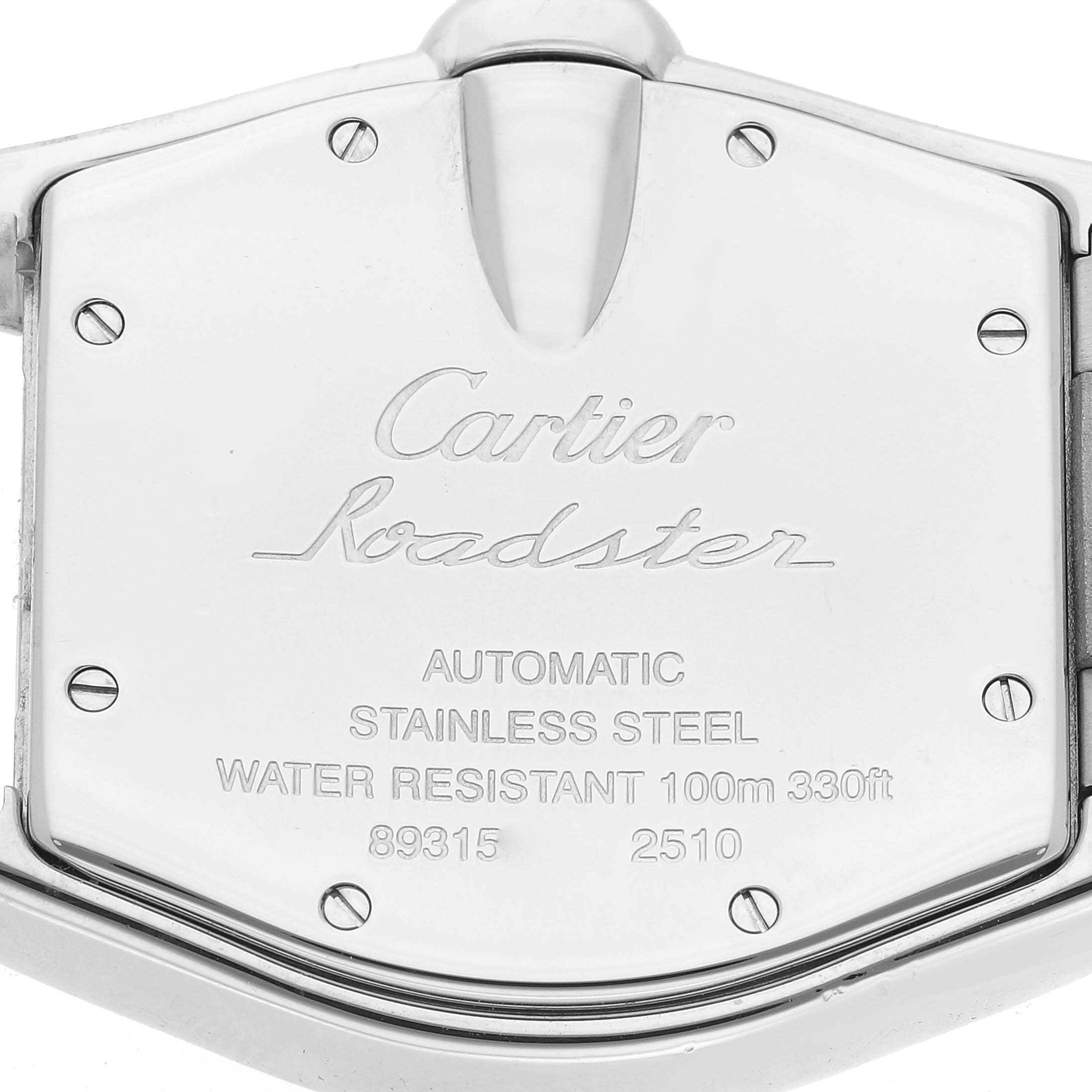 The image shows the case back of a Cartier Roadster W62002V3 Men's Stainless Steel Black Dial W62002V3 Men's Stainless Steel Black Dial watch with model and material details.