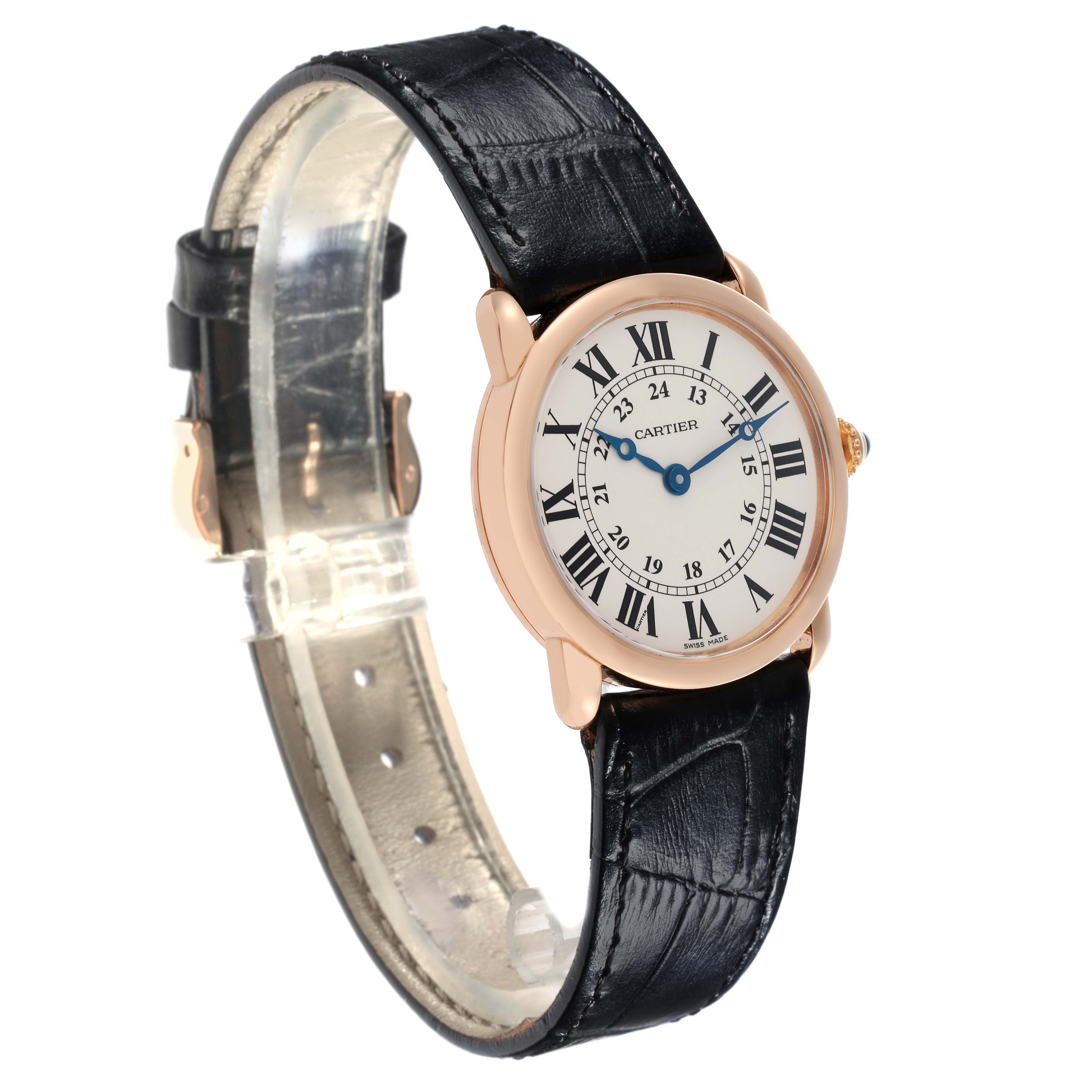 The Cartier Ronde W6800151 Women's Rose Gold Silver Dial W6800151 Women's Rose Gold Silver Dial watch is shown at a slight angle, displaying the face, Roman numeral dial, hands, and black leather strap.