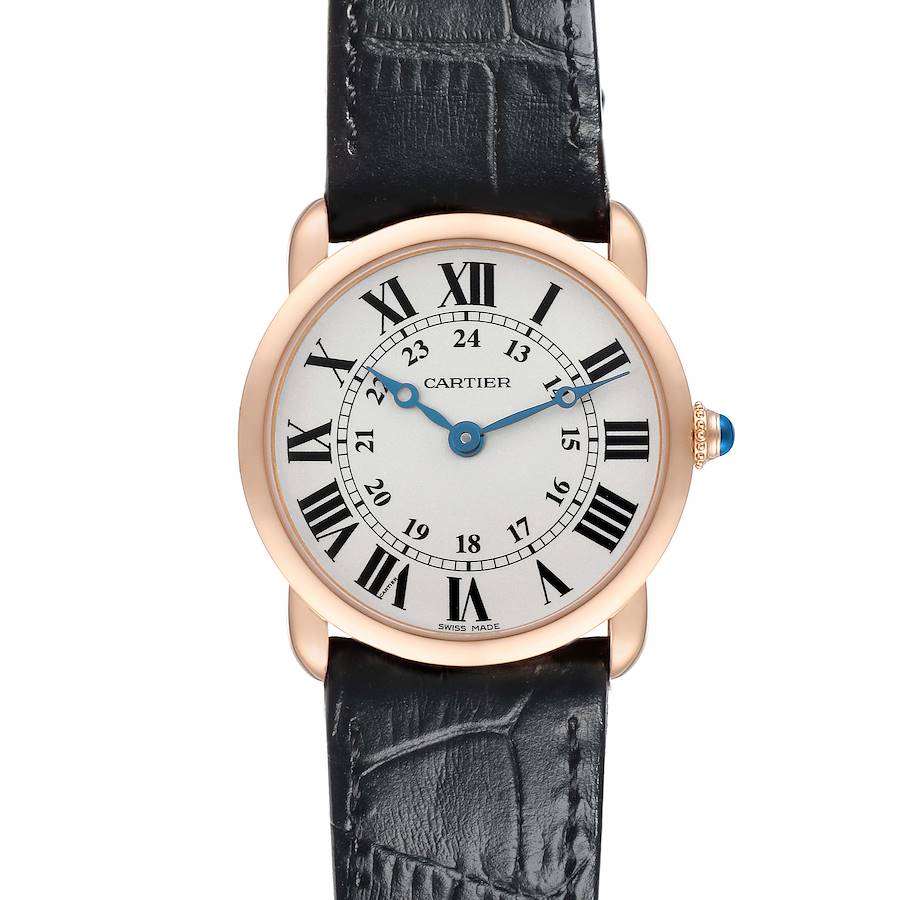 The Cartier Ronde watch is shown from a top-down angle displaying the face, strap, and crown.