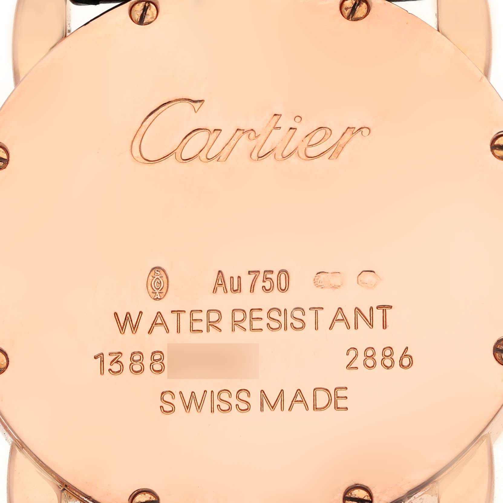 The image shows the back of a Cartier Ronde W6800151 Women's Rose Gold Silver Dial W6800151 Women's Rose Gold Silver Dial model watch, displaying the brand logo and specifications like water resistance.