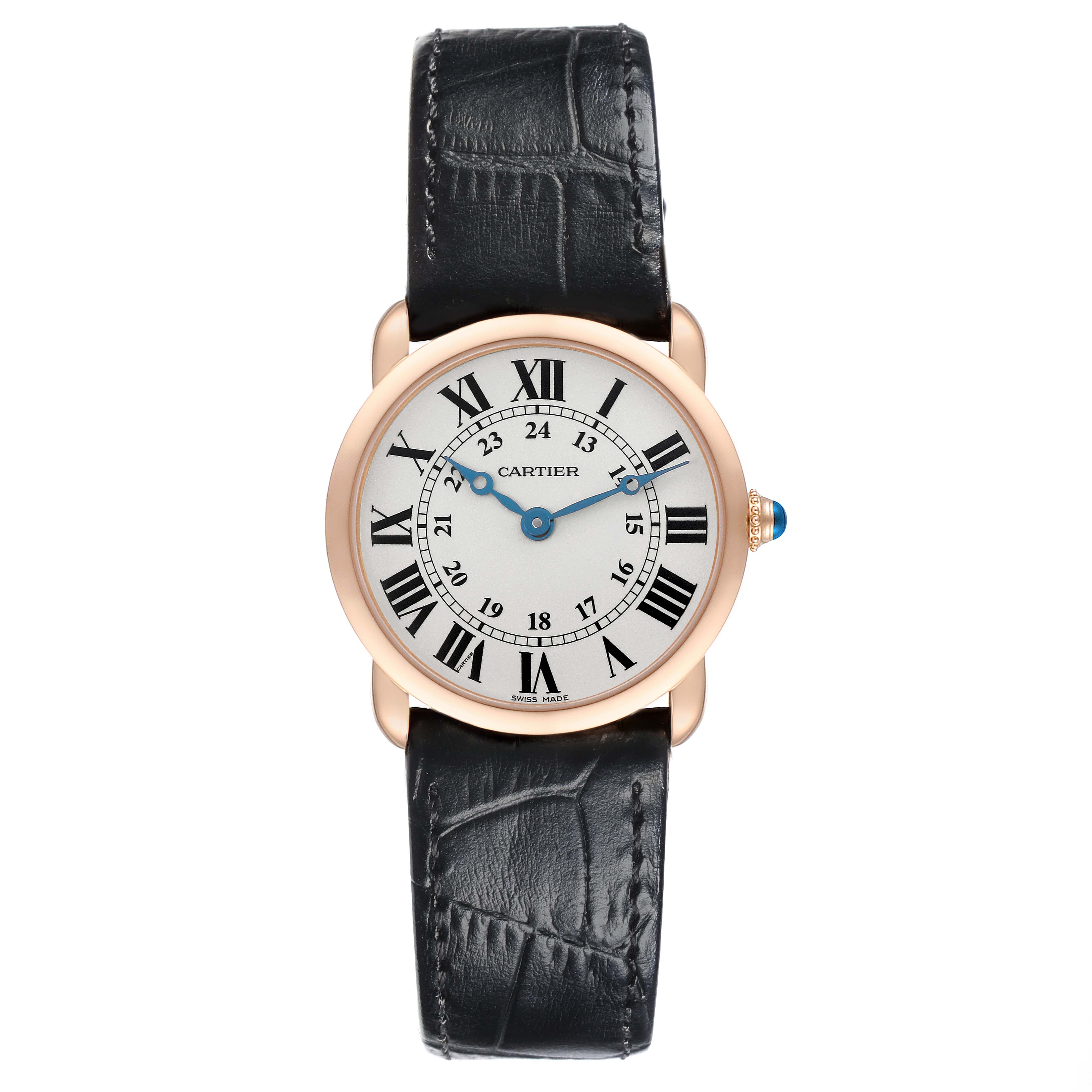 The Cartier Ronde W6800151 Women's Rose Gold Silver Dial W6800151 Women's Rose Gold Silver Dial watch is shown from the front, displaying the dial, hands, case, and leather strap.