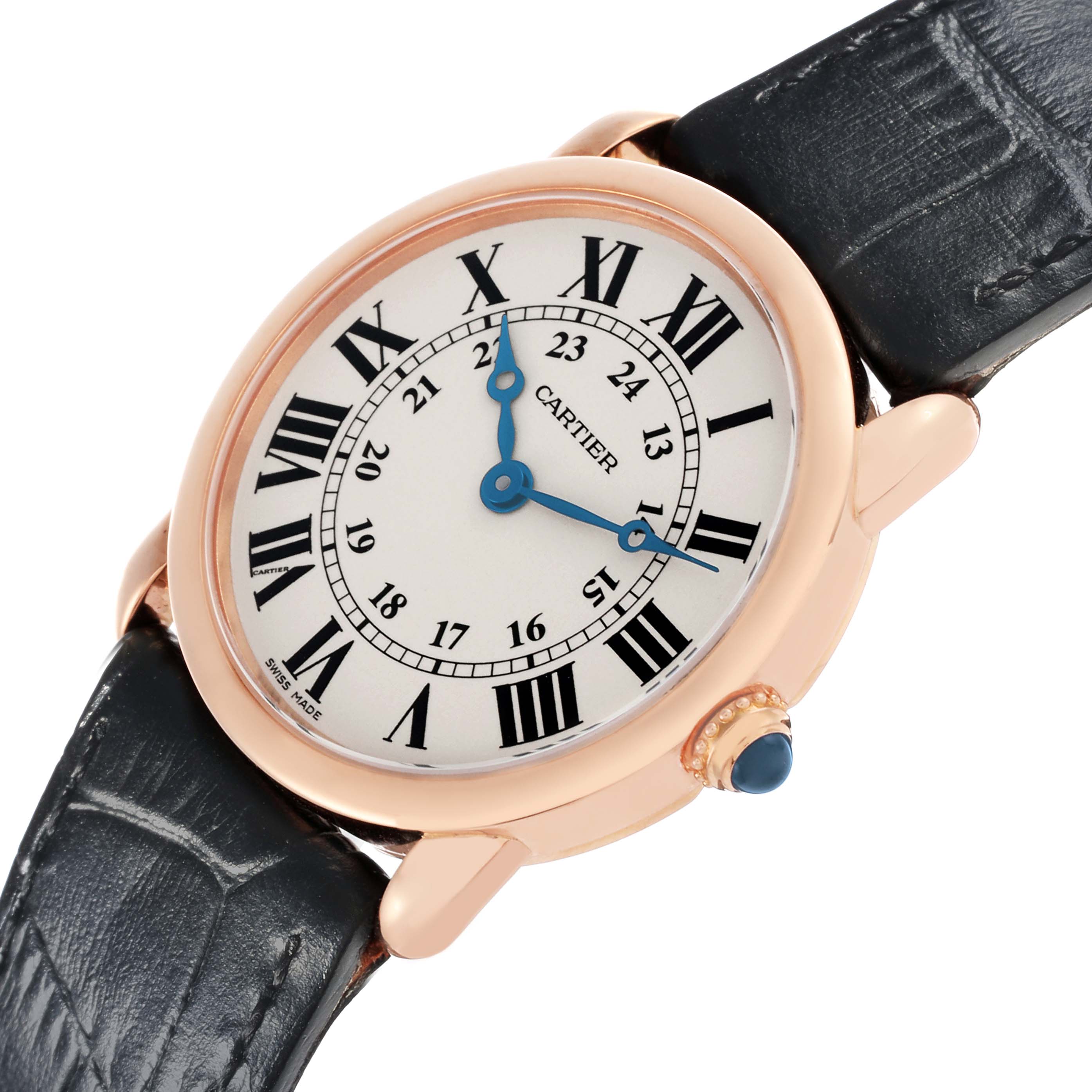 The Cartier Ronde W6800151 Women's Rose Gold Silver Dial W6800151 Women's Rose Gold Silver Dial watch is shown at an angle displaying the face, bezel, and part of the strap.