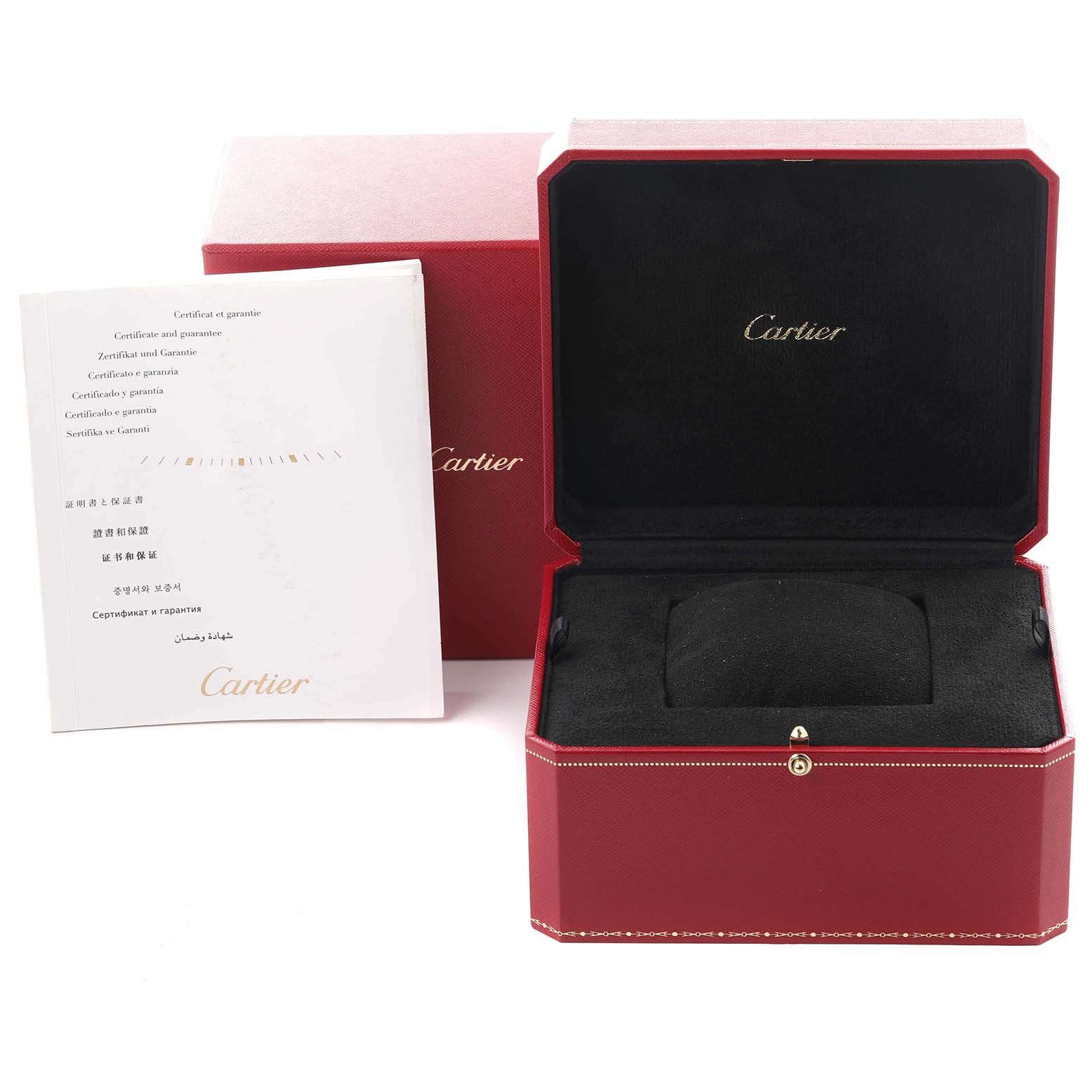 The image shows a Cartier Ronde W6800151 Women's Rose Gold Silver Dial W6800151 Women's Rose Gold Silver Dial watch box and certificate, with the open box revealing the inner cushion.