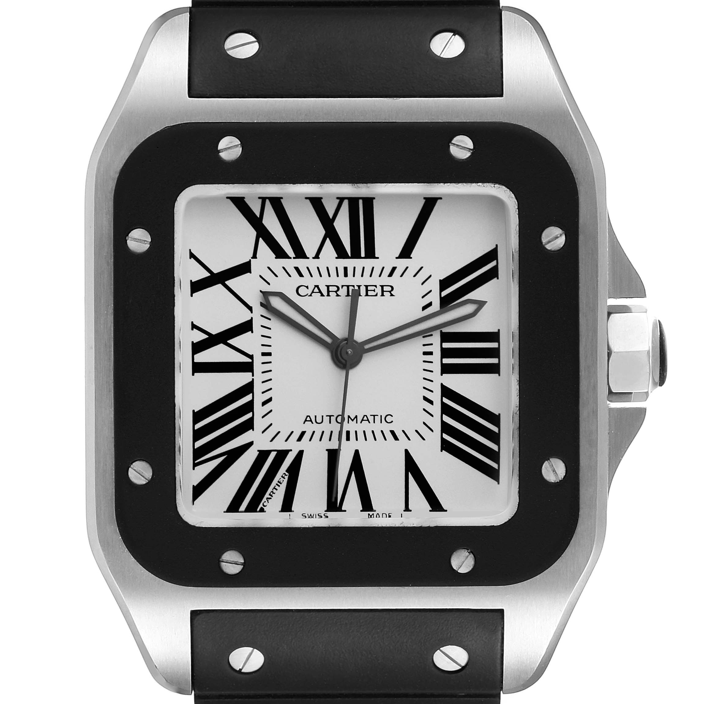 The image shows a close-up of the Cartier Santos W20121U2 Men
s Stainless Steel Silver Dial W20121U2 Men
s Stainless Steel Silver Dial watch face, including the bezel, dial, and part of the strap, viewed head-on.