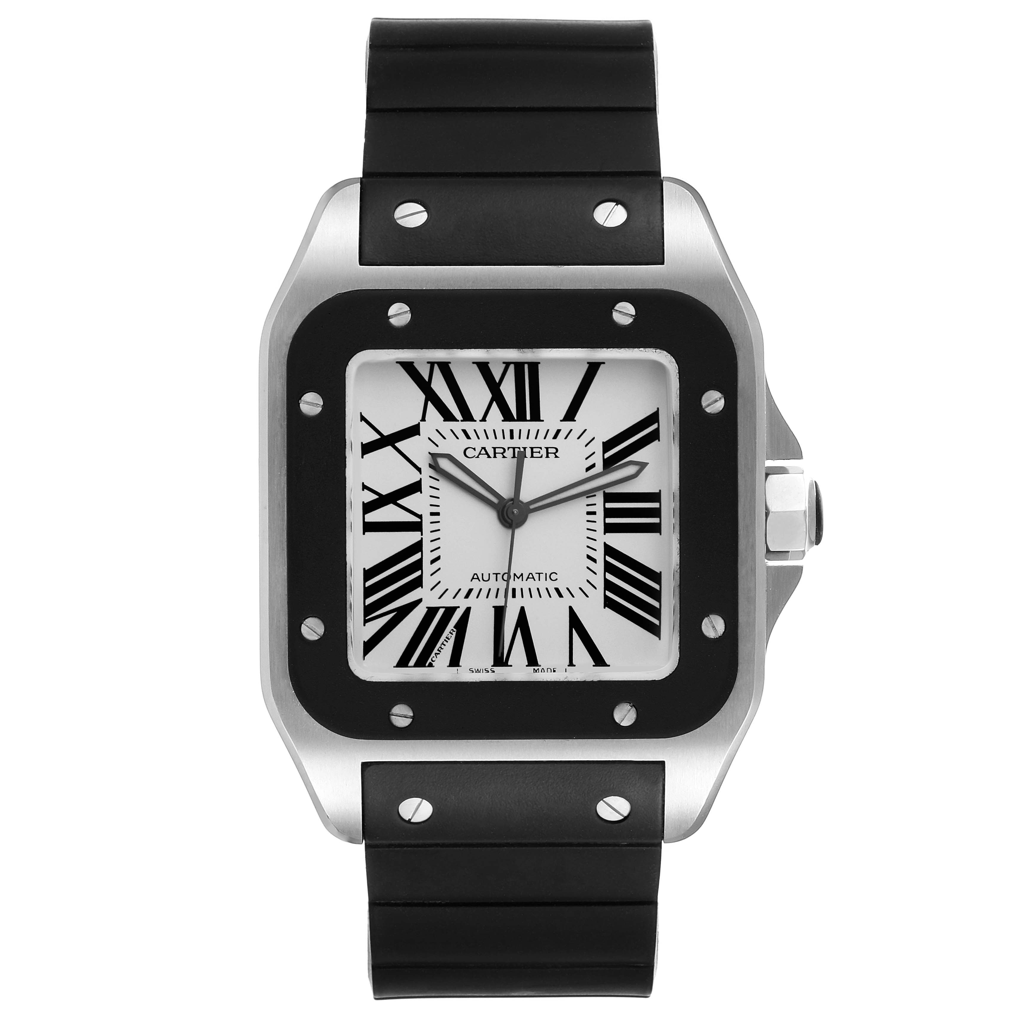 The image shows a front view of the Cartier Santos W20121U2 Men
s Stainless Steel Silver Dial W20121U2 Men
s Stainless Steel Silver Dial watch with a black strap and a white dial with Roman numerals.