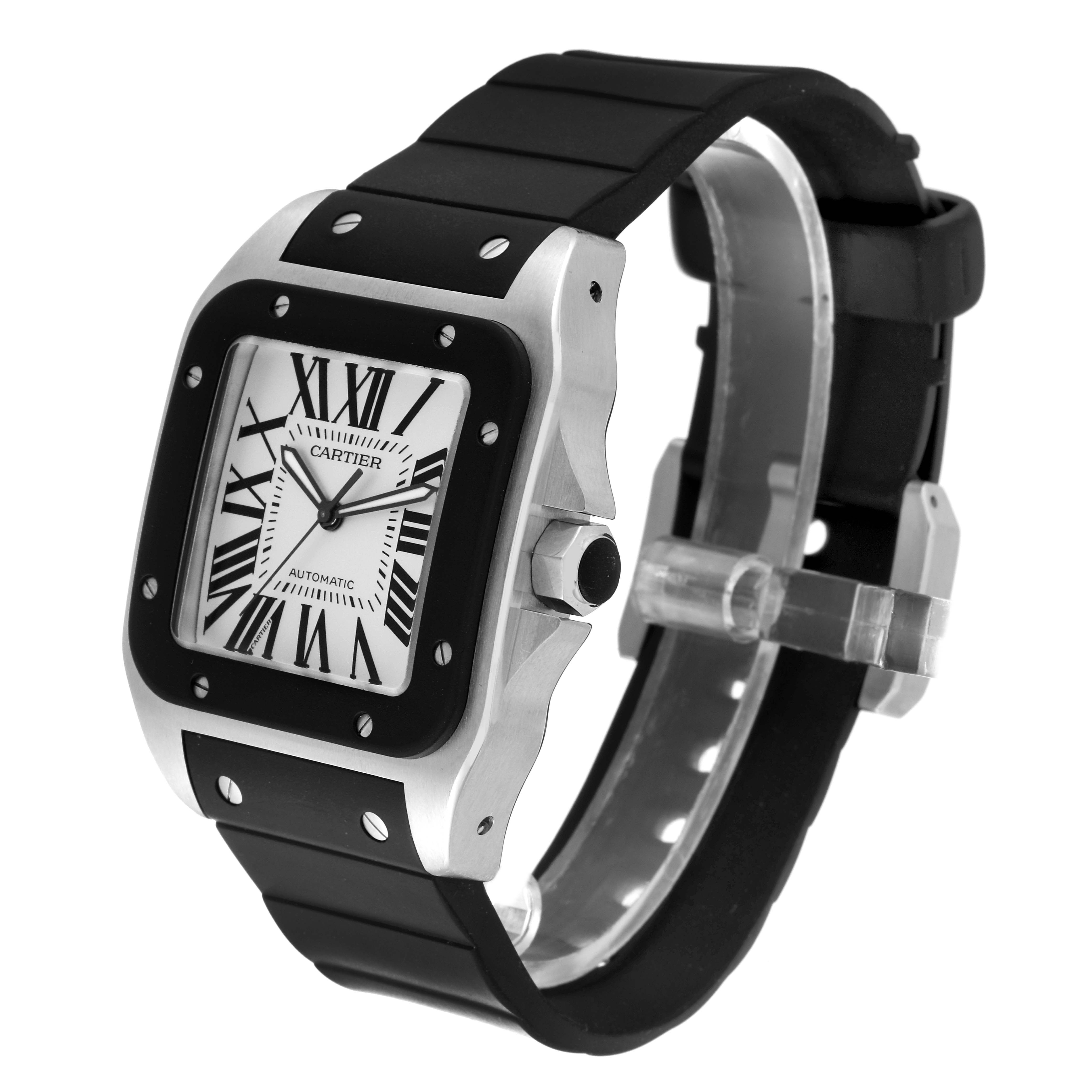 The image shows a side angle of a Cartier Santos W20121U2 Men
s Stainless Steel Silver Dial W20121U2 Men
s Stainless Steel Silver Dial watch featuring its face, bezel, crown, and black strap.
