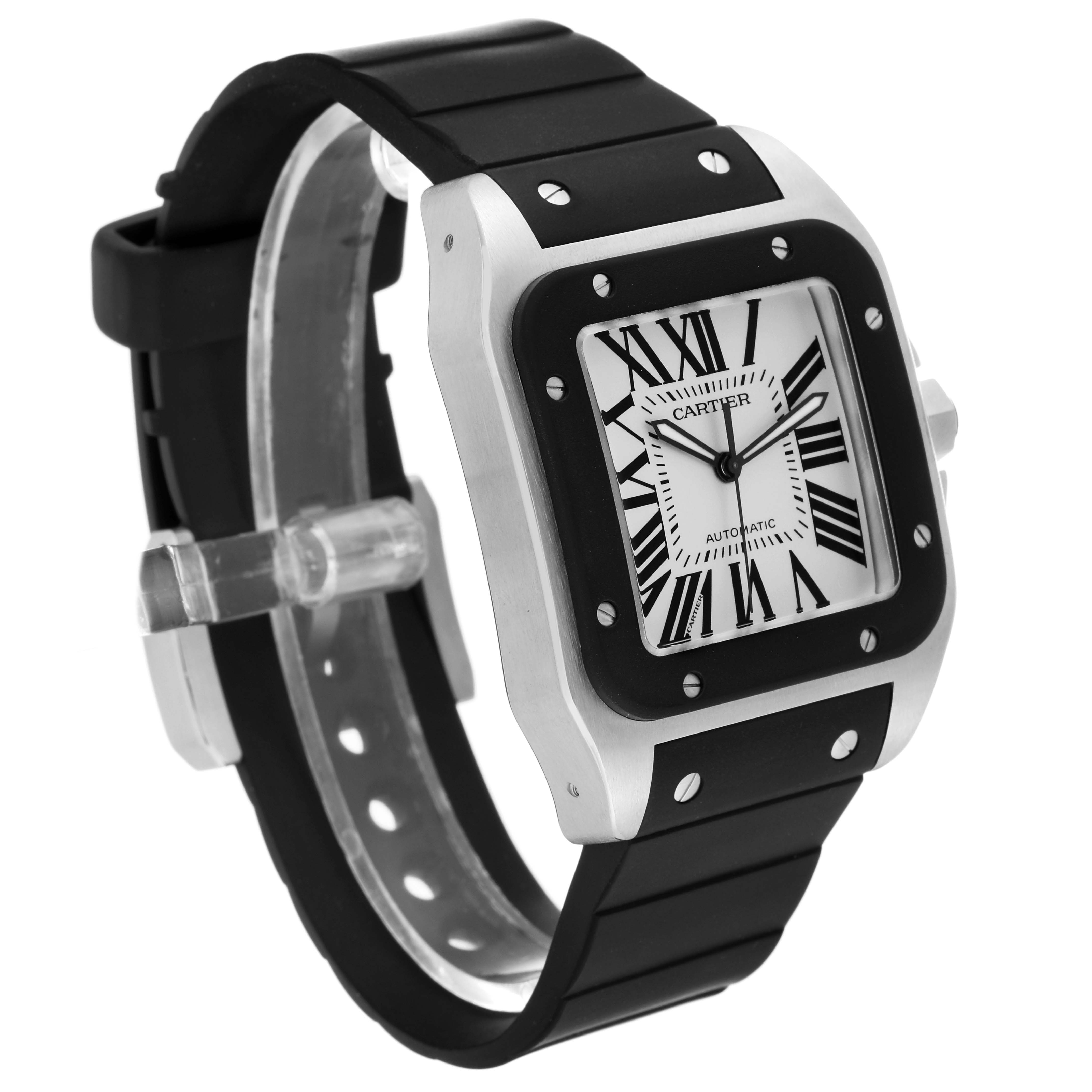 The image shows a Cartier Santos W20121U2 Men
s Stainless Steel Silver Dial W20121U2 Men
s Stainless Steel Silver Dial watch at a slight angle, displaying the face, bezel, and black rubber strap.