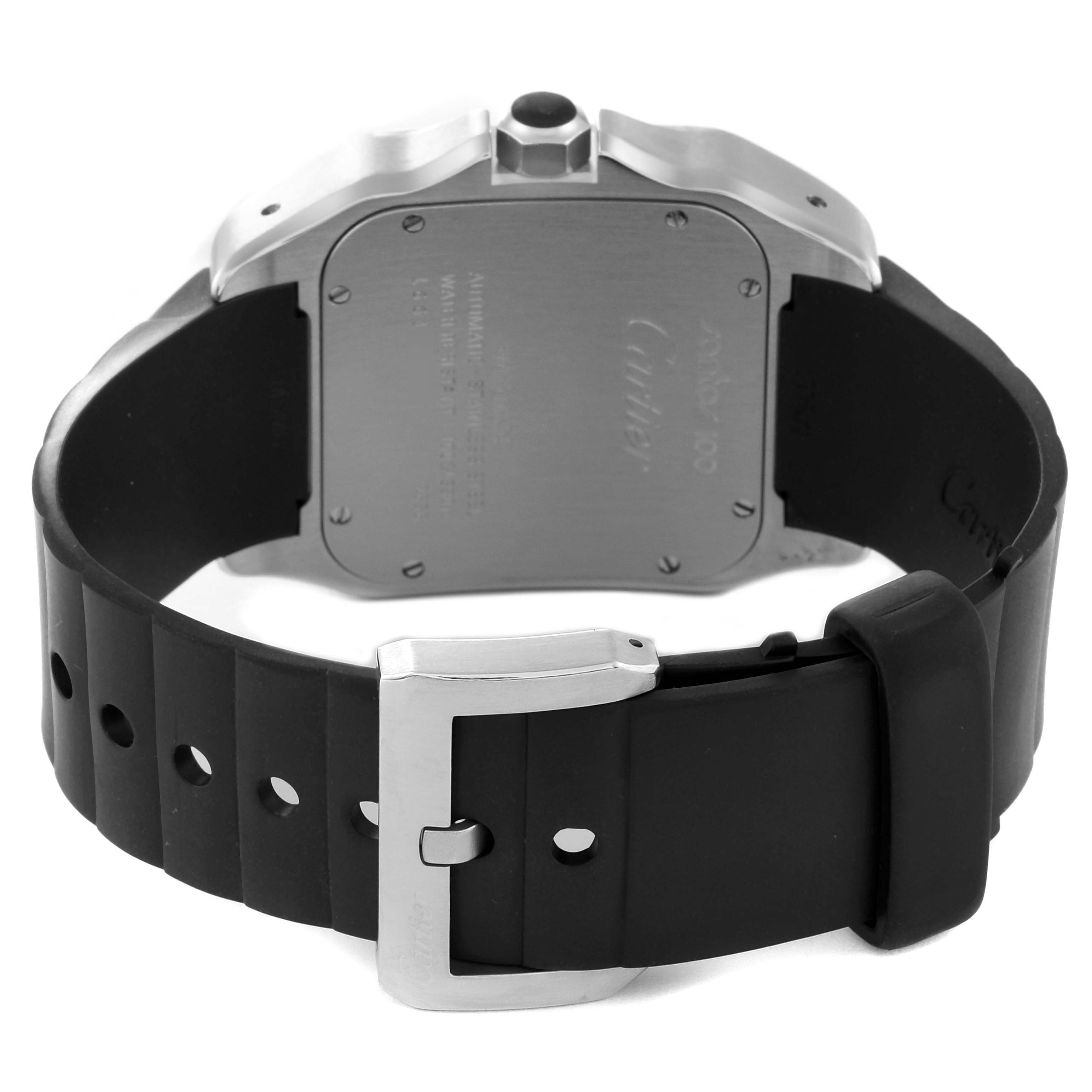 The image shows the back and clasp of a Cartier Santos W20121U2 Men
s Stainless Steel Silver Dial W20121U2 Men
s Stainless Steel Silver Dial watch with a black rubber strap.