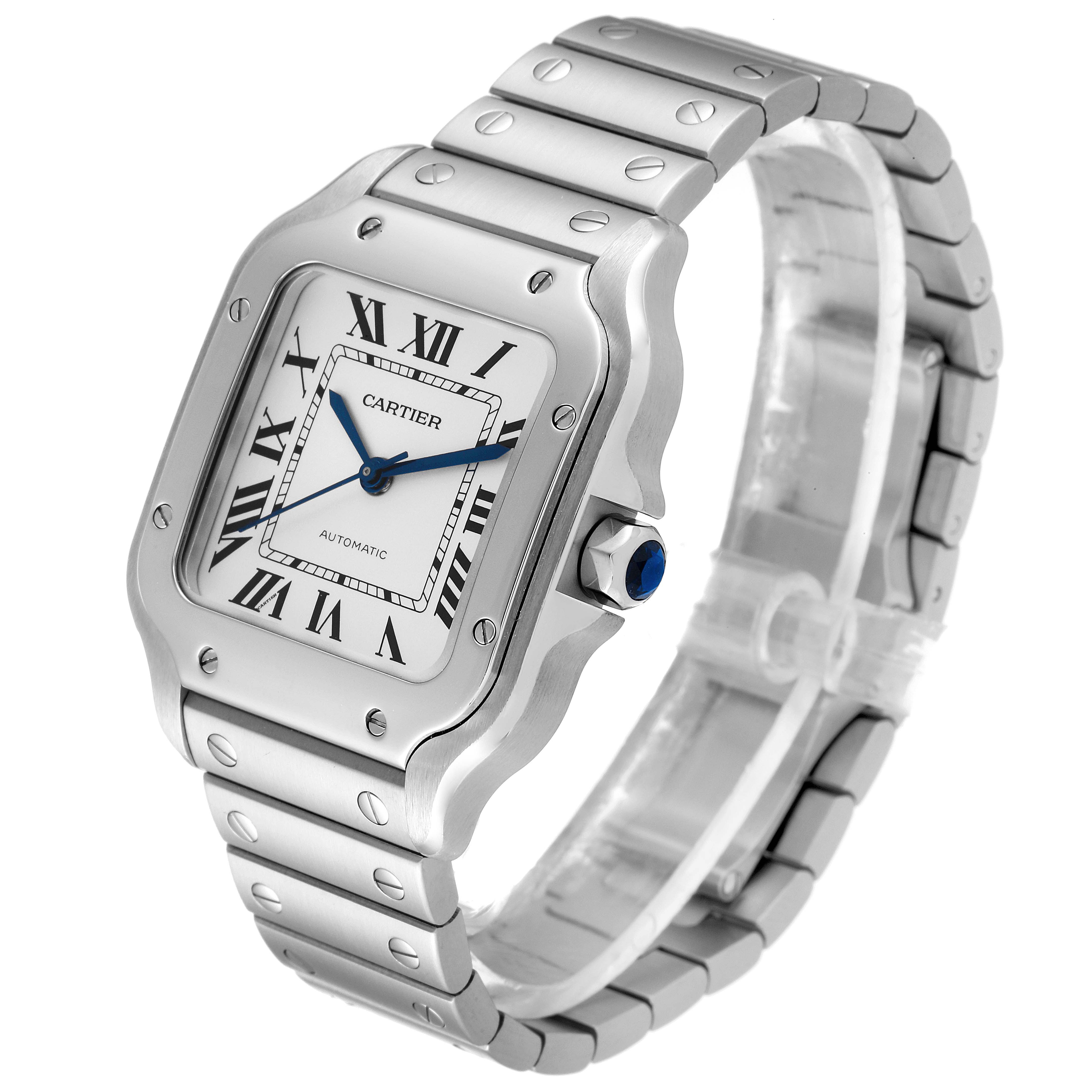 The image shows a Cartier Santos WSSA0010 Men's Stainless Steel Silver Dial WSSA0010 Men's Stainless Steel Silver Dial watch at an angle highlighting the face, bezel, crown, and part of the bracelet.
