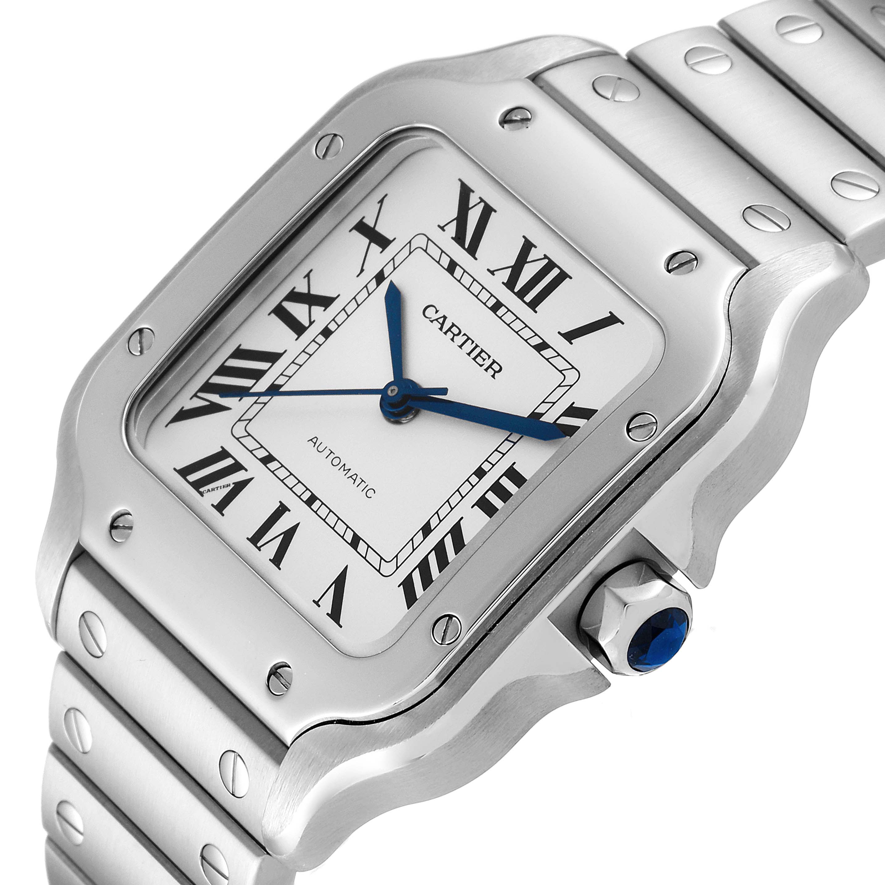 The image shows a close-up, angled view of a Cartier Santos WSSA0010 Men's Stainless Steel Silver Dial WSSA0010 Men's Stainless Steel Silver Dial model watch, highlighting the face, bezel, crown, and part of the bracelet.