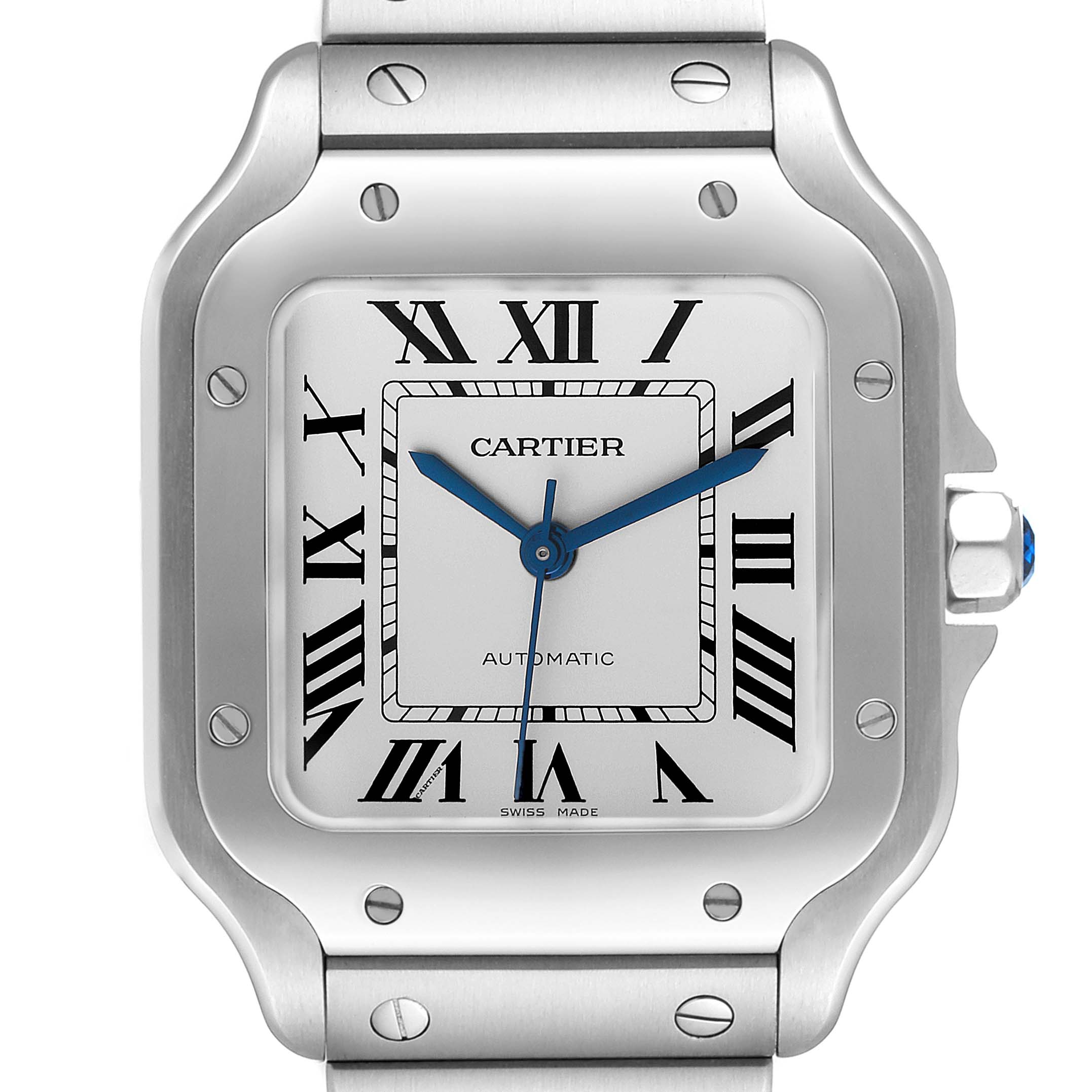 The image shows a close-up, front view of a Cartier Santos WSSA0010 Men's Stainless Steel Silver Dial WSSA0010 Men's Stainless Steel Silver Dial watch, highlighting the face, bezel, and part of the bracelet.