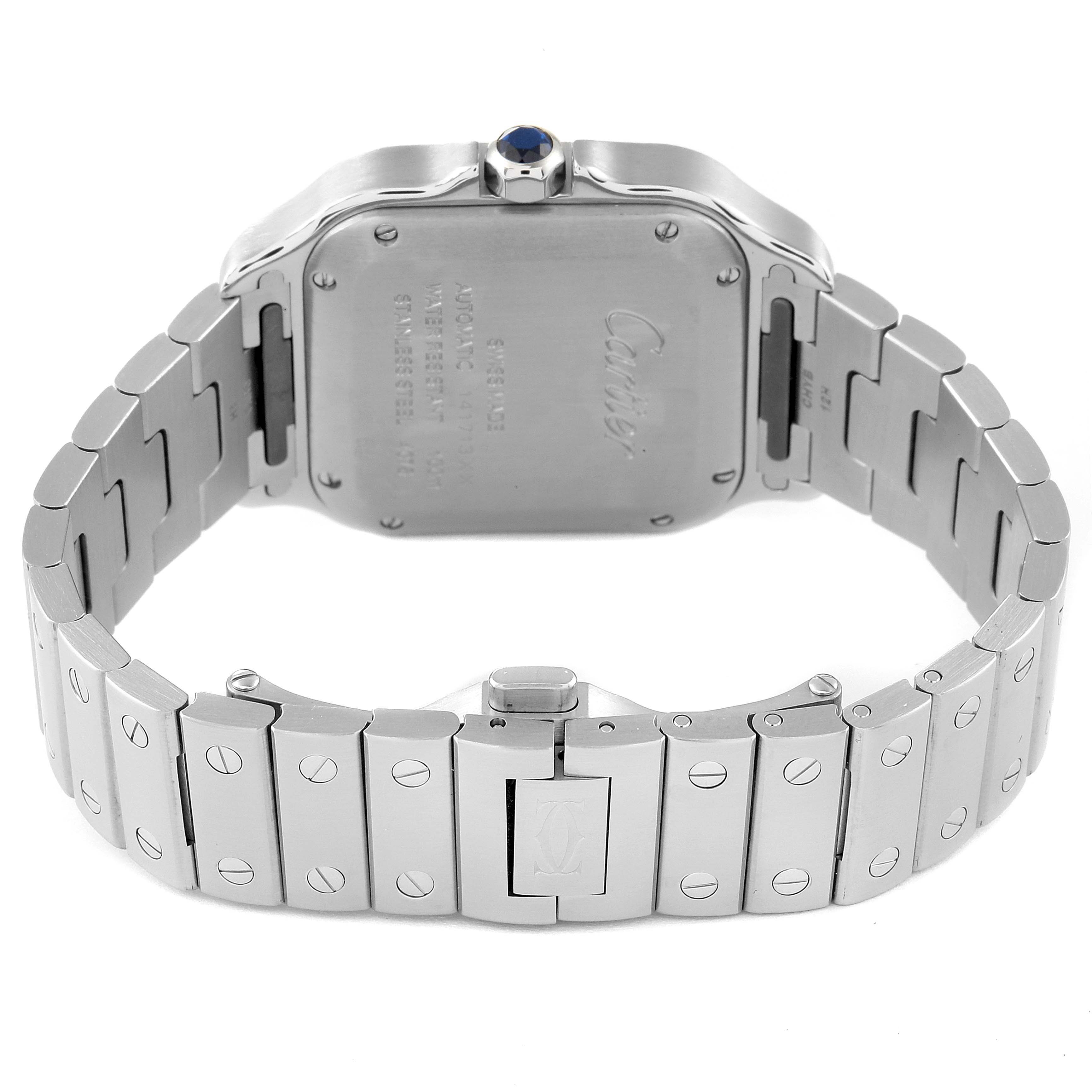 This image shows the back view of the Santos model watch by Cartier, highlighting the case back, bracelet, and clasp.