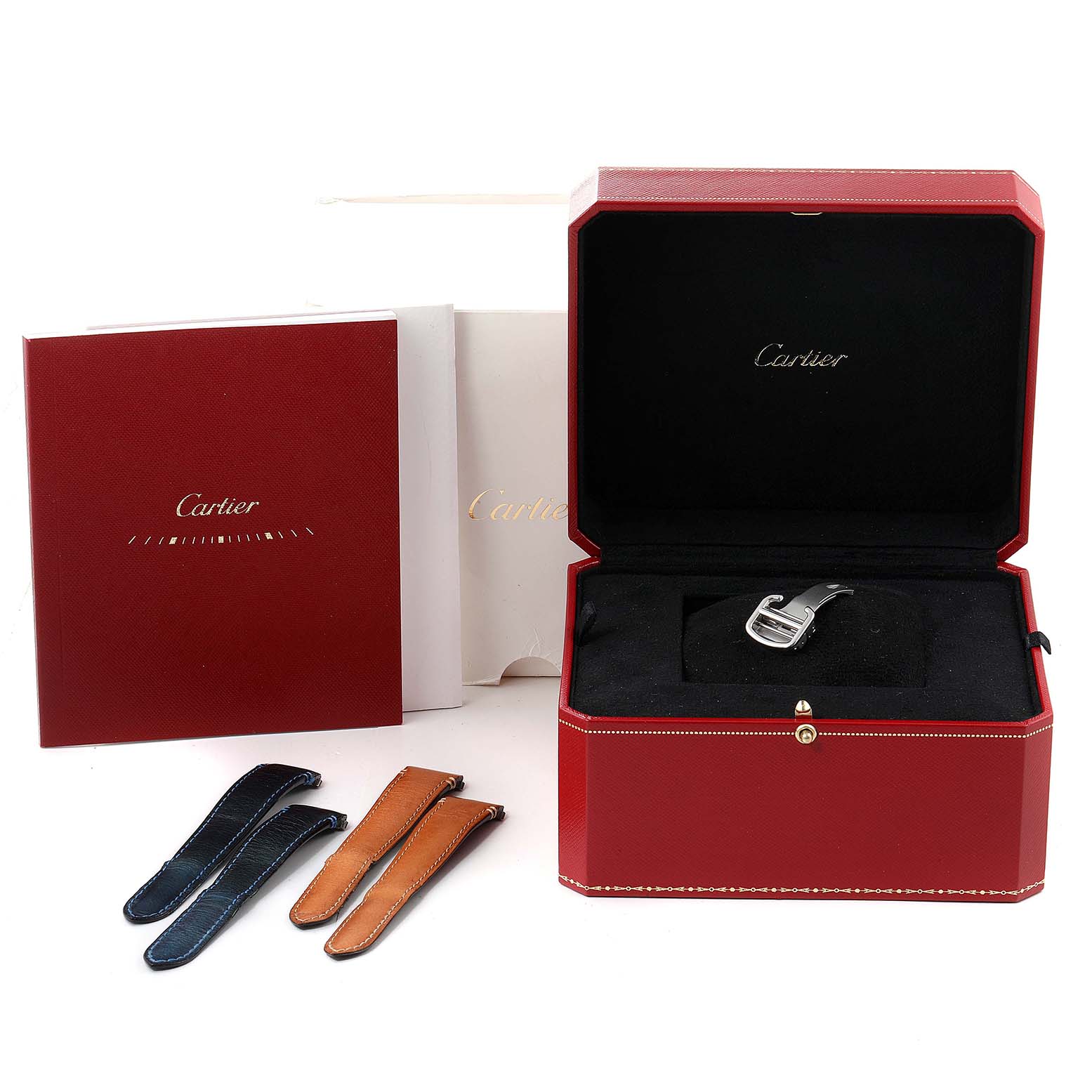 The image shows the Santos model by Cartier with its red box, extra straps, and documentation at a front angle.