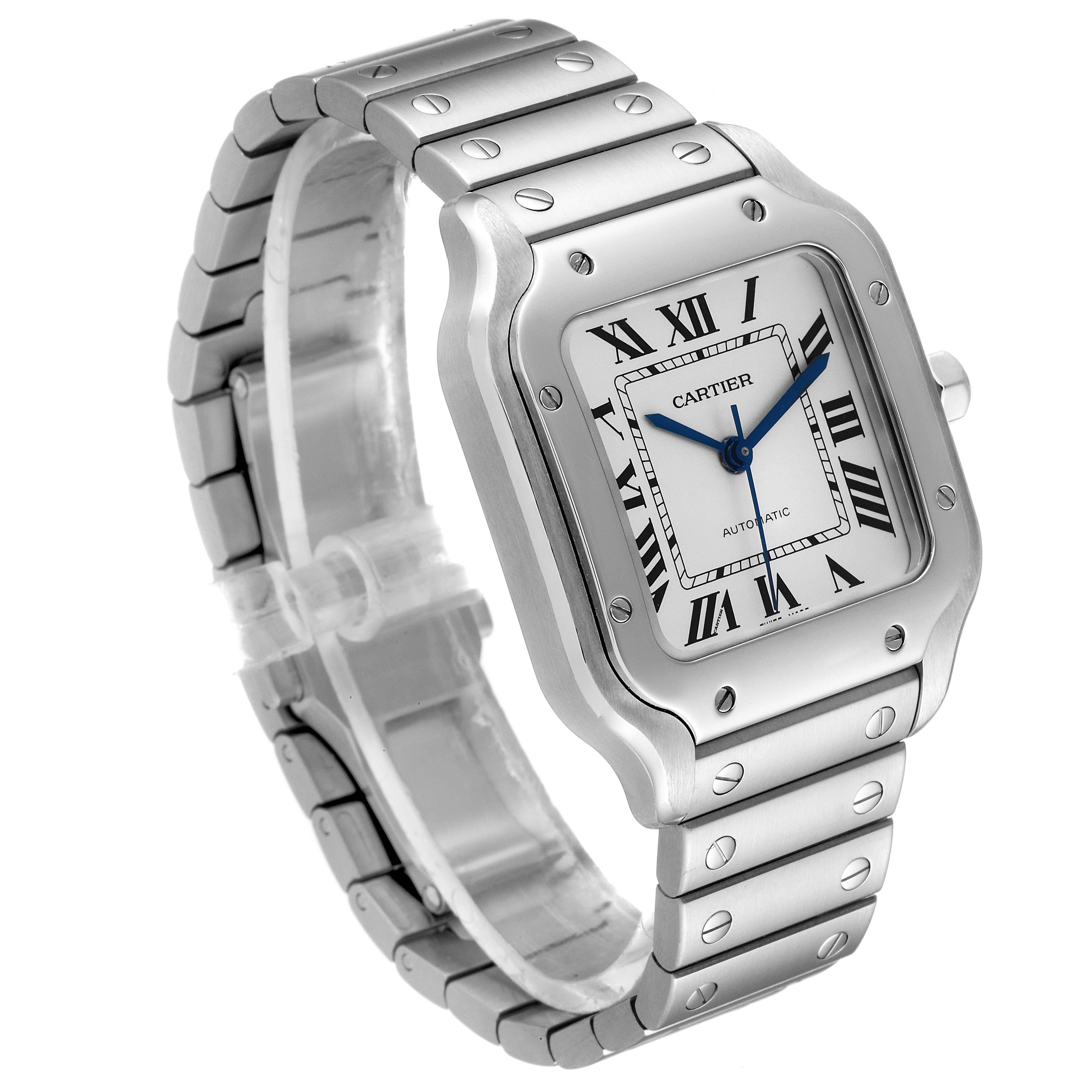 The image shows a Cartier Santos WSSA0010 Men's Stainless Steel Silver Dial WSSA0010 Men's Stainless Steel Silver Dial watch from a front angle, highlighting its square face, Roman numeral markers, and metal bracelet.