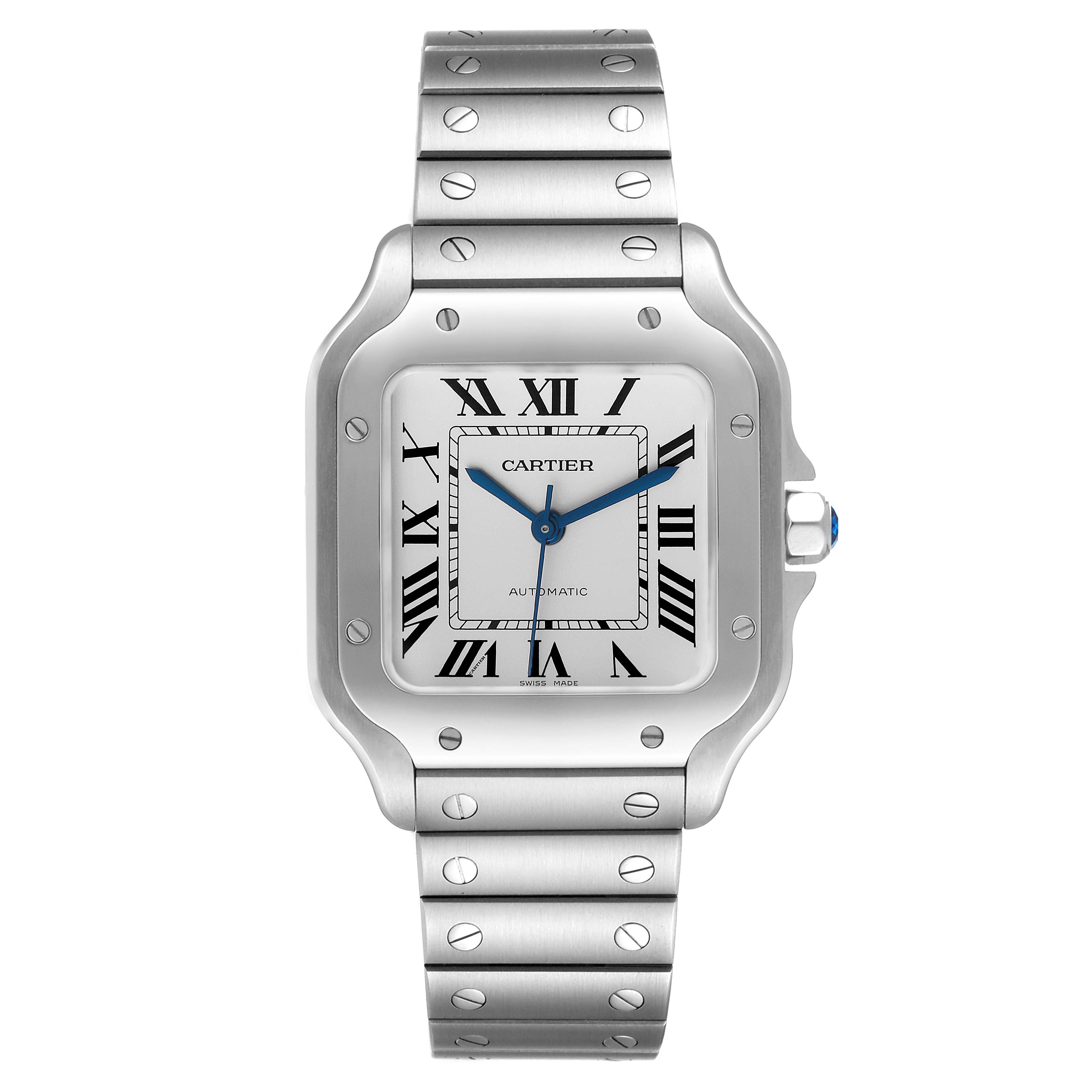 This image shows a front view of a Santos model watch by Cartier, displaying the face and metal bracelet.