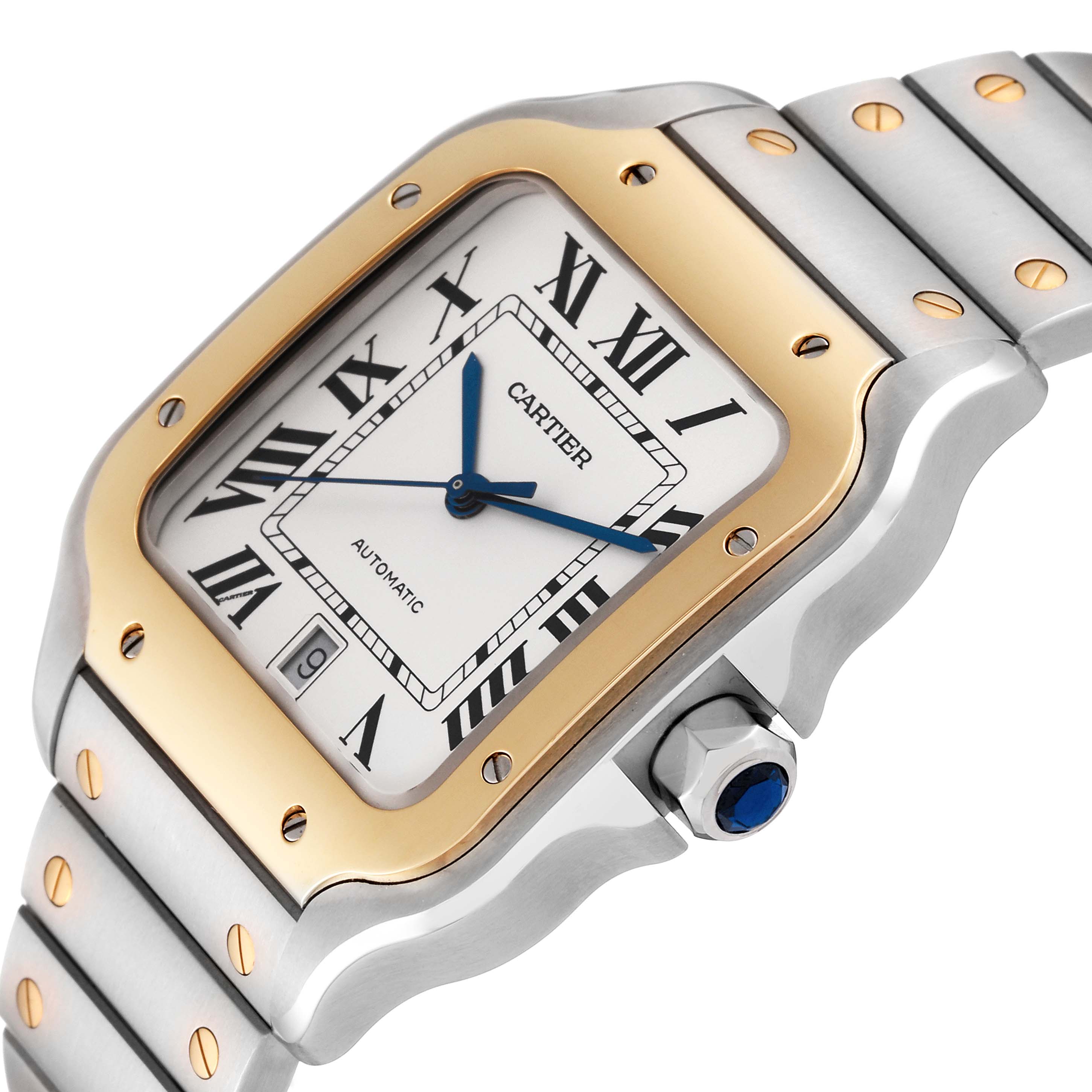 The image shows a close-up angle of the Santos model watch by Cartier, highlighting its bezel, dial, crown, and bracelet.