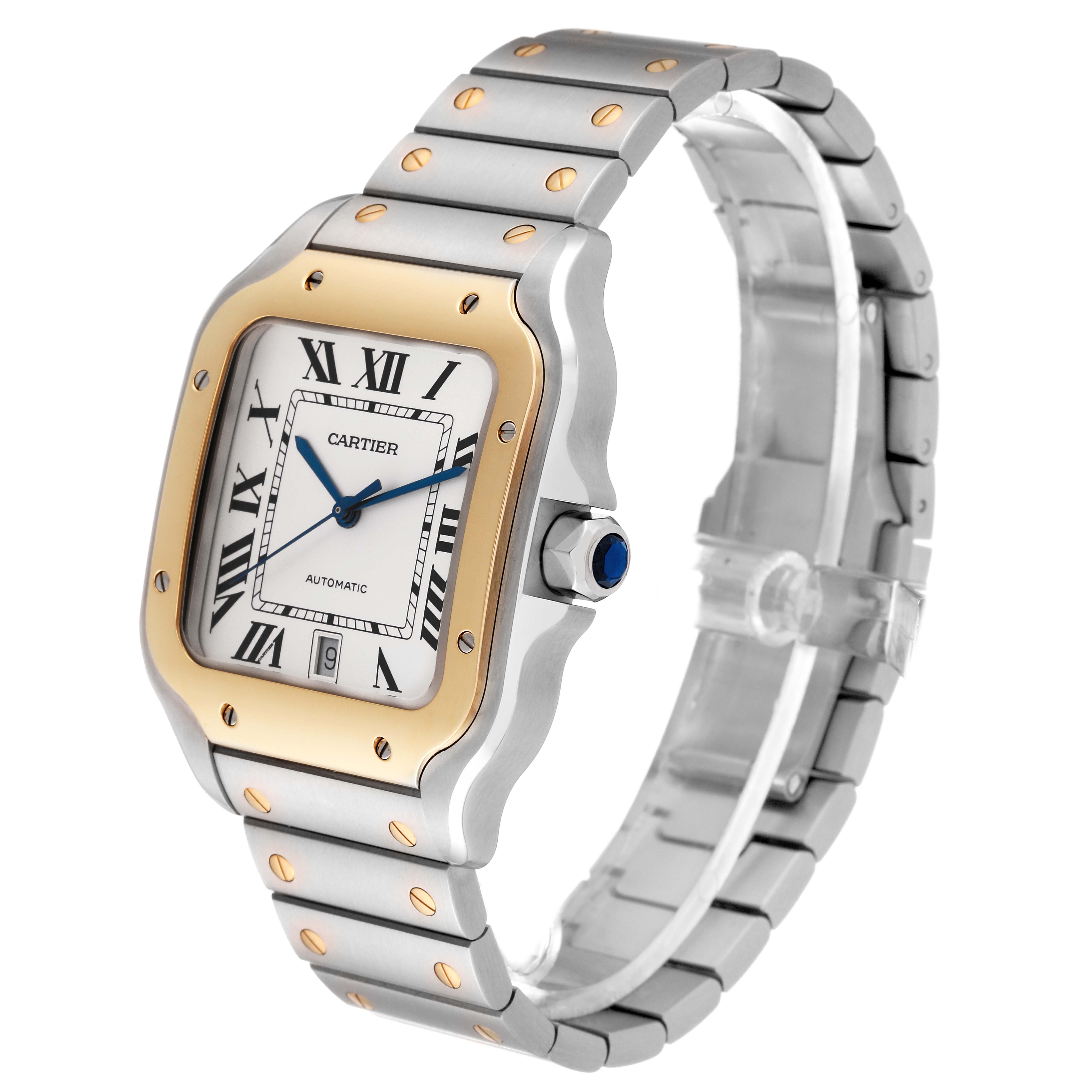 The Cartier Santos W2SA0009 Men
s Stainless Steel Silver Dial W2SA0009 Men
s Stainless Steel Silver Dial model watch is shown at an angled view, displaying the face, bezel, and bracelet.
