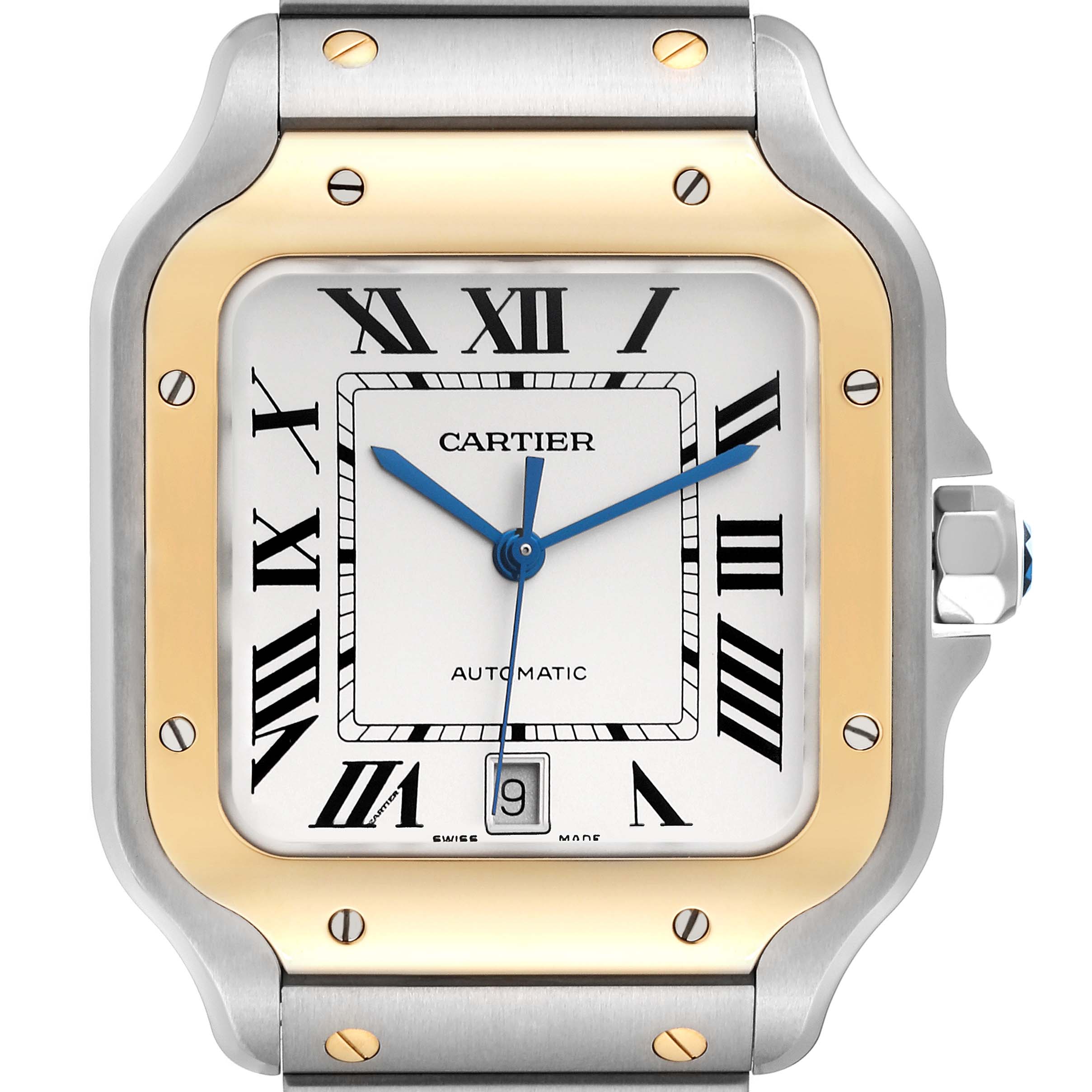 This image shows a close-up front view of the Cartier Santos W2SA0009 Men
s Stainless Steel Silver Dial W2SA0009 Men
s Stainless Steel Silver Dial watch face, featuring its bezel, dial, hands, and crown.