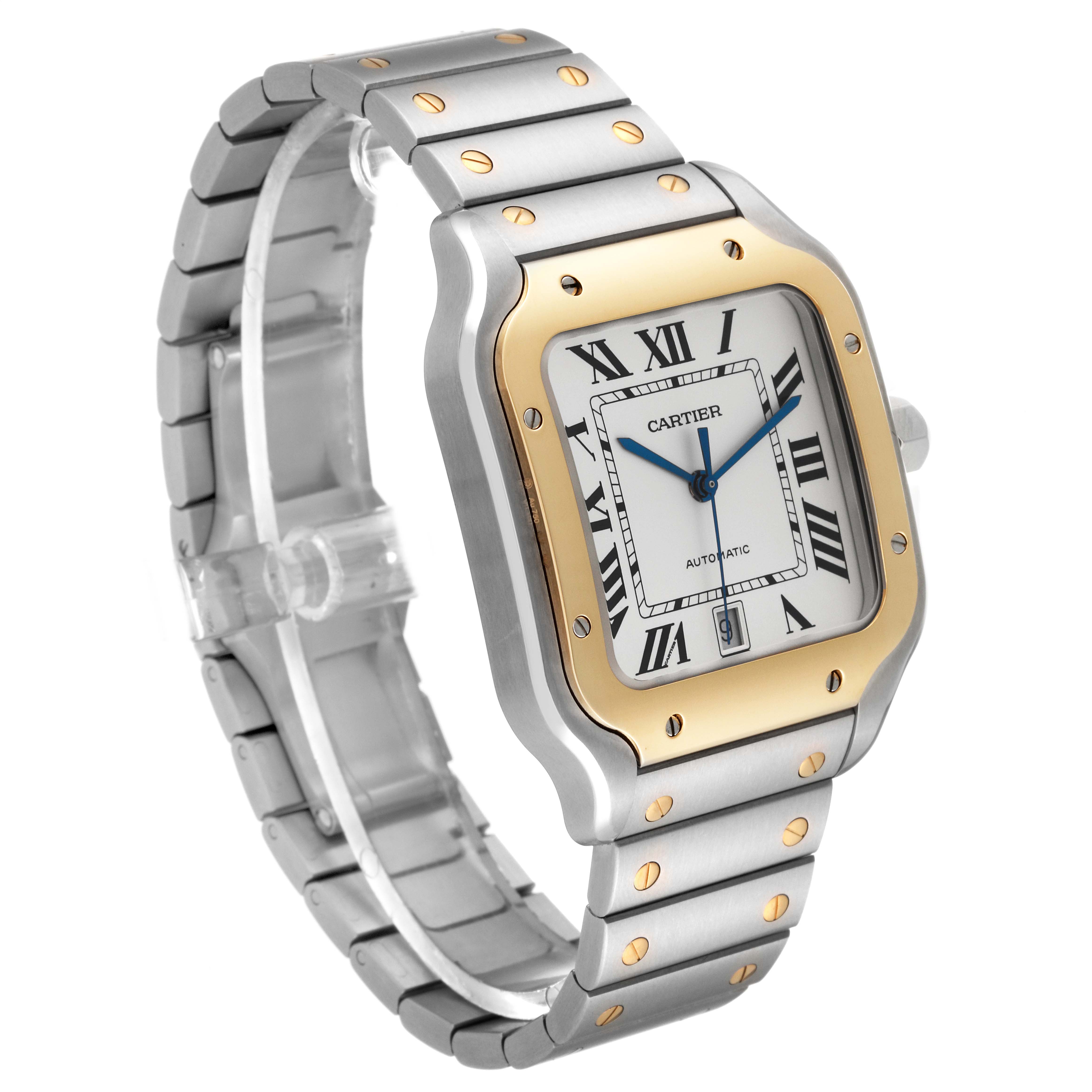 This image shows a Cartier Santos W2SA0009 Men
s Stainless Steel Silver Dial W2SA0009 Men
s Stainless Steel Silver Dial watch angled slightly from the side, highlighting the face, bracelet, and bezel.