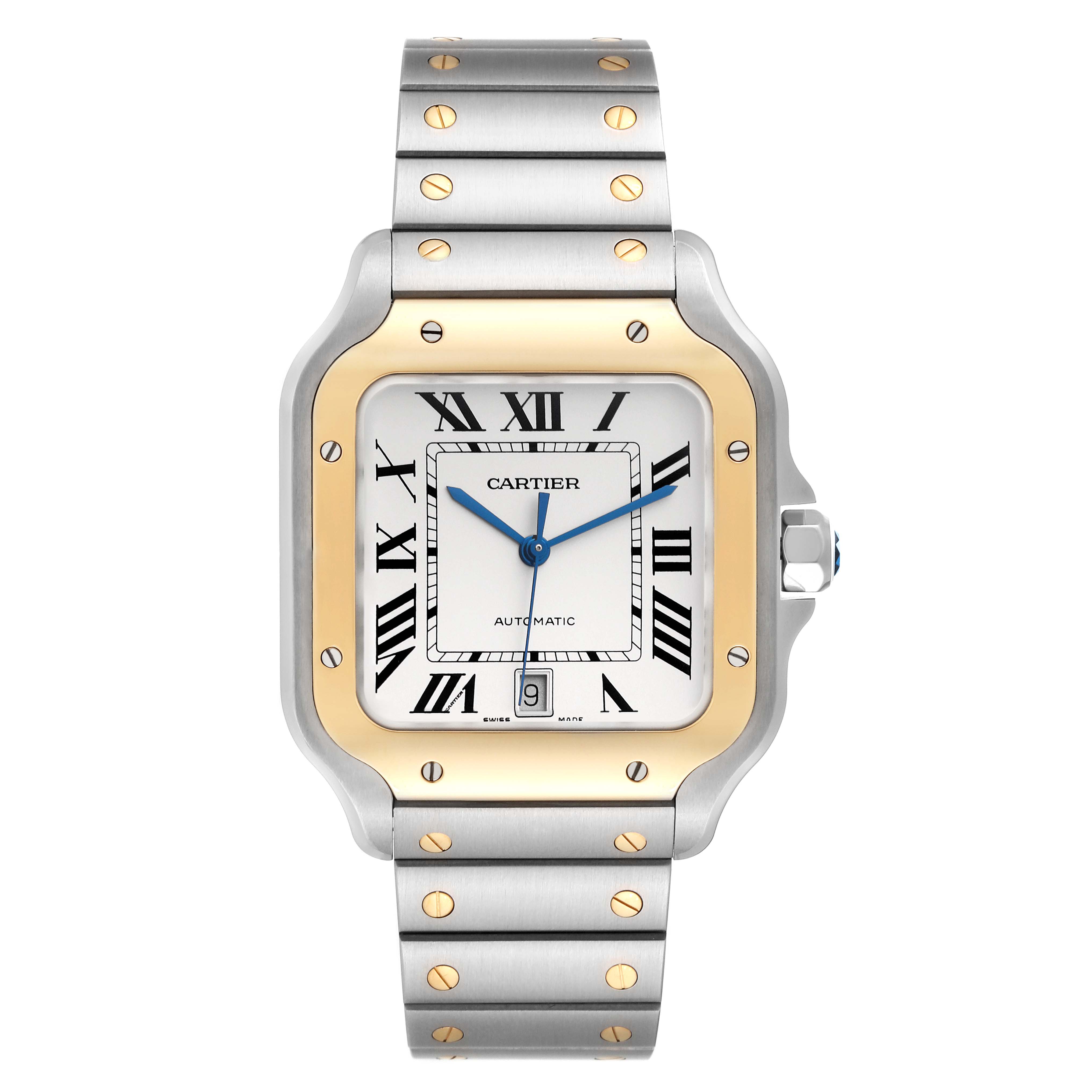 The image shows a front view of the Cartier Santos W2SA0009 Men
s Stainless Steel Silver Dial W2SA0009 Men
s Stainless Steel Silver Dial watch, displaying the face, bezel, and part of the bracelet.