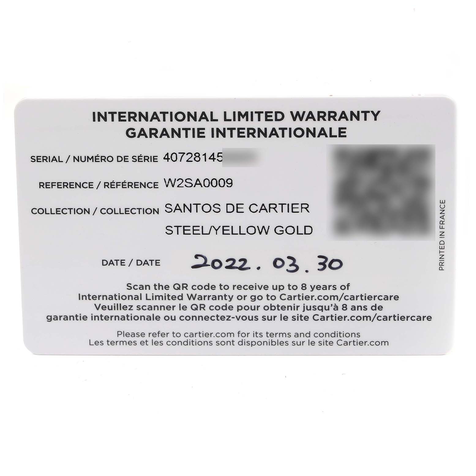 The image shows an International Limited Warranty card for the Santos de Cartier watch model.
