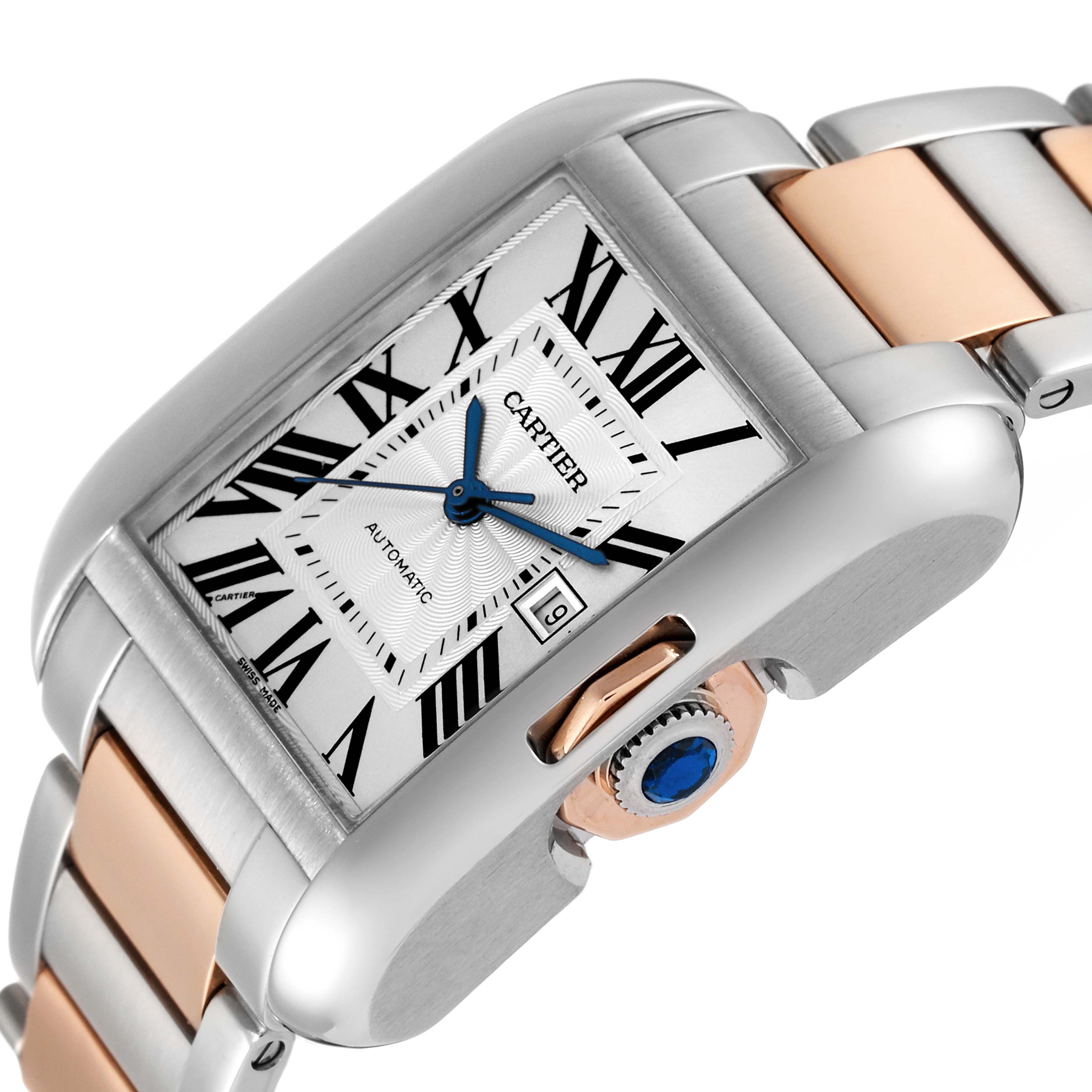 The image shows a Cartier Tank Anglaise W5310007 Men
s Steel and Gold (two tone) Silver Dial W5310007 Men
s Steel and Gold (two tone) Silver Dial watch at an angle highlighting its dial, crown, and part of the bracelet.