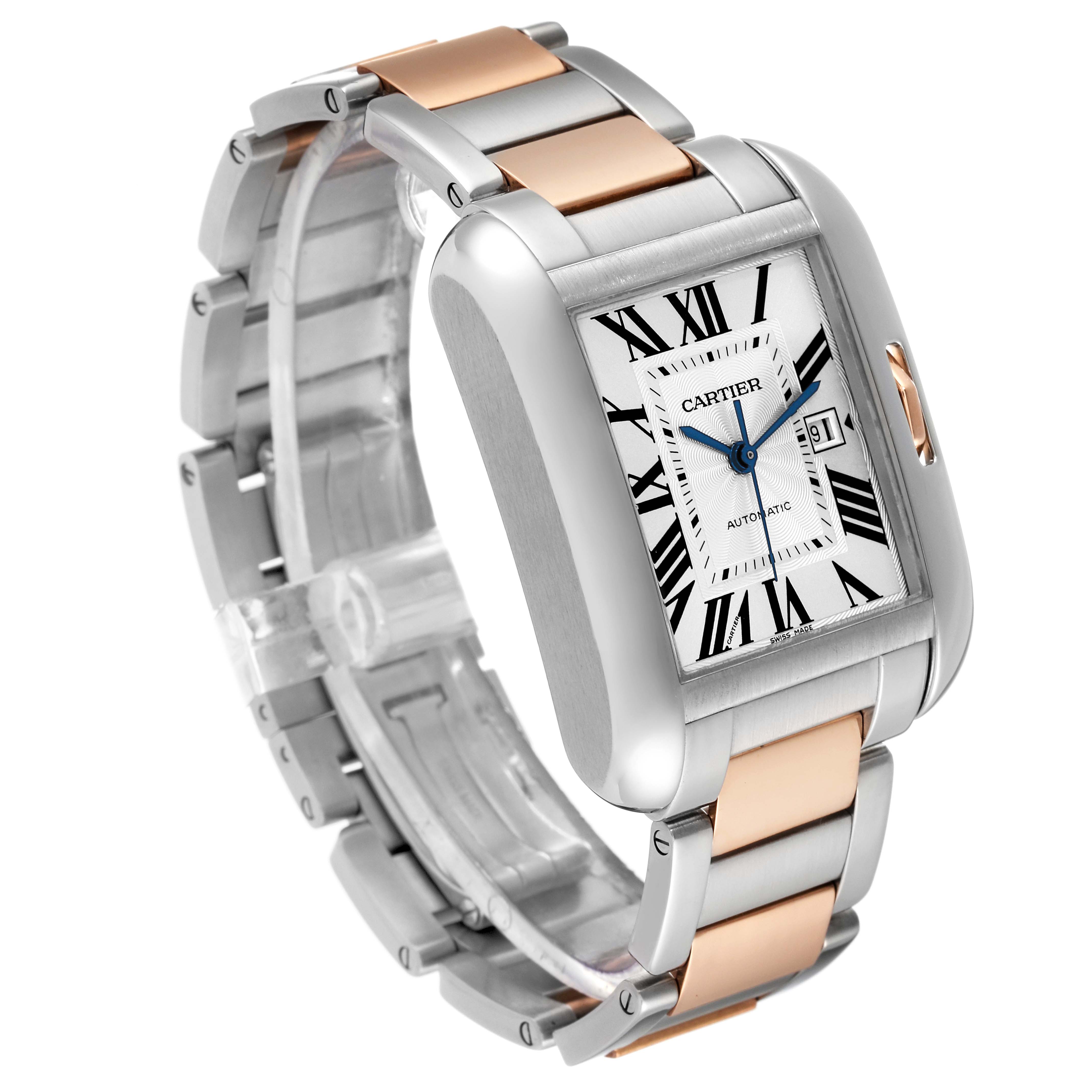 This image shows a Cartier Tank Anglaise W5310007 Men
s Steel and Gold (two tone) Silver Dial W5310007 Men
s Steel and Gold (two tone) Silver Dial model watch at a three-quarter angle, highlighting its rectangular face and two-tone metal bracelet.