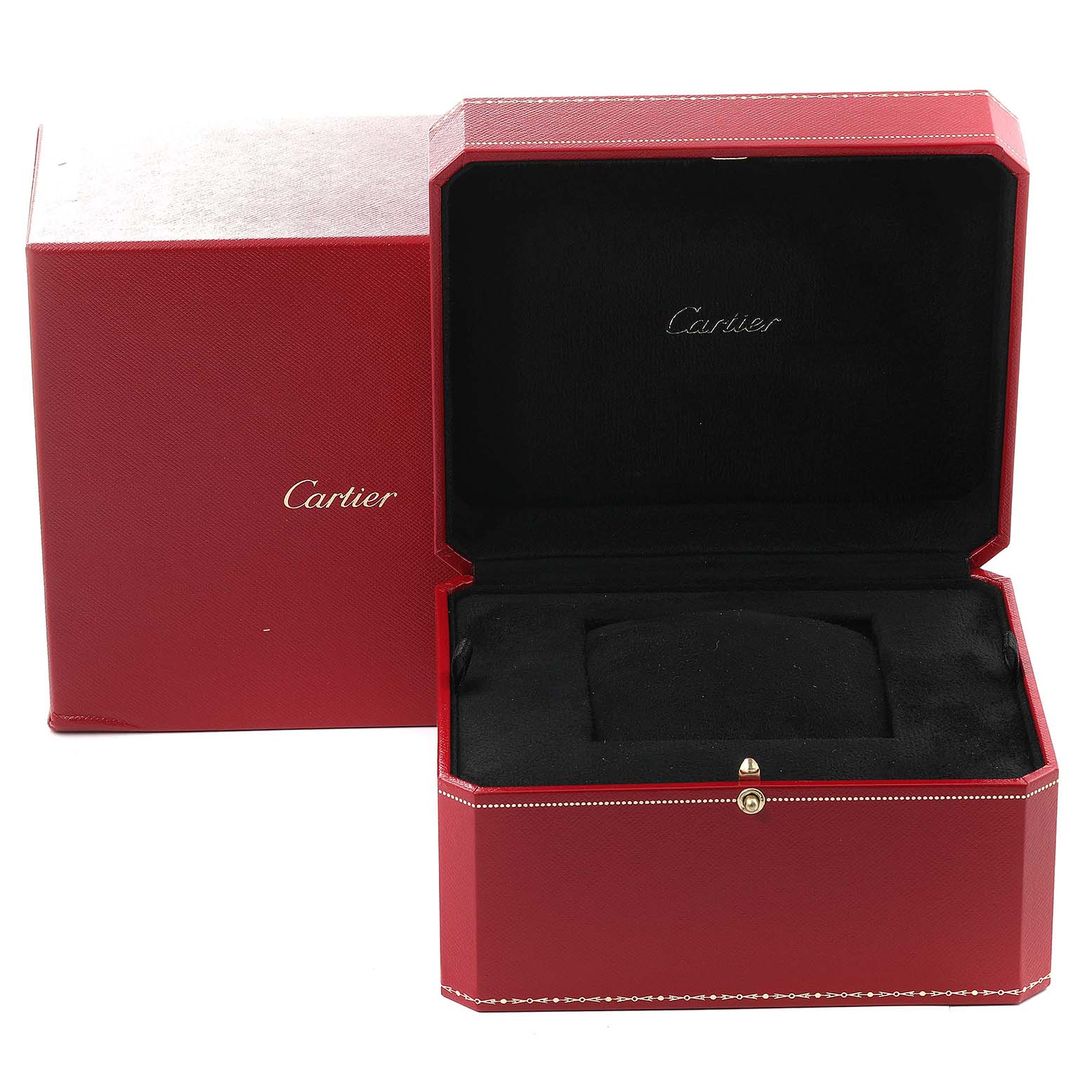 The image shows an open red Cartier watch box for the Tank Anglaise model.