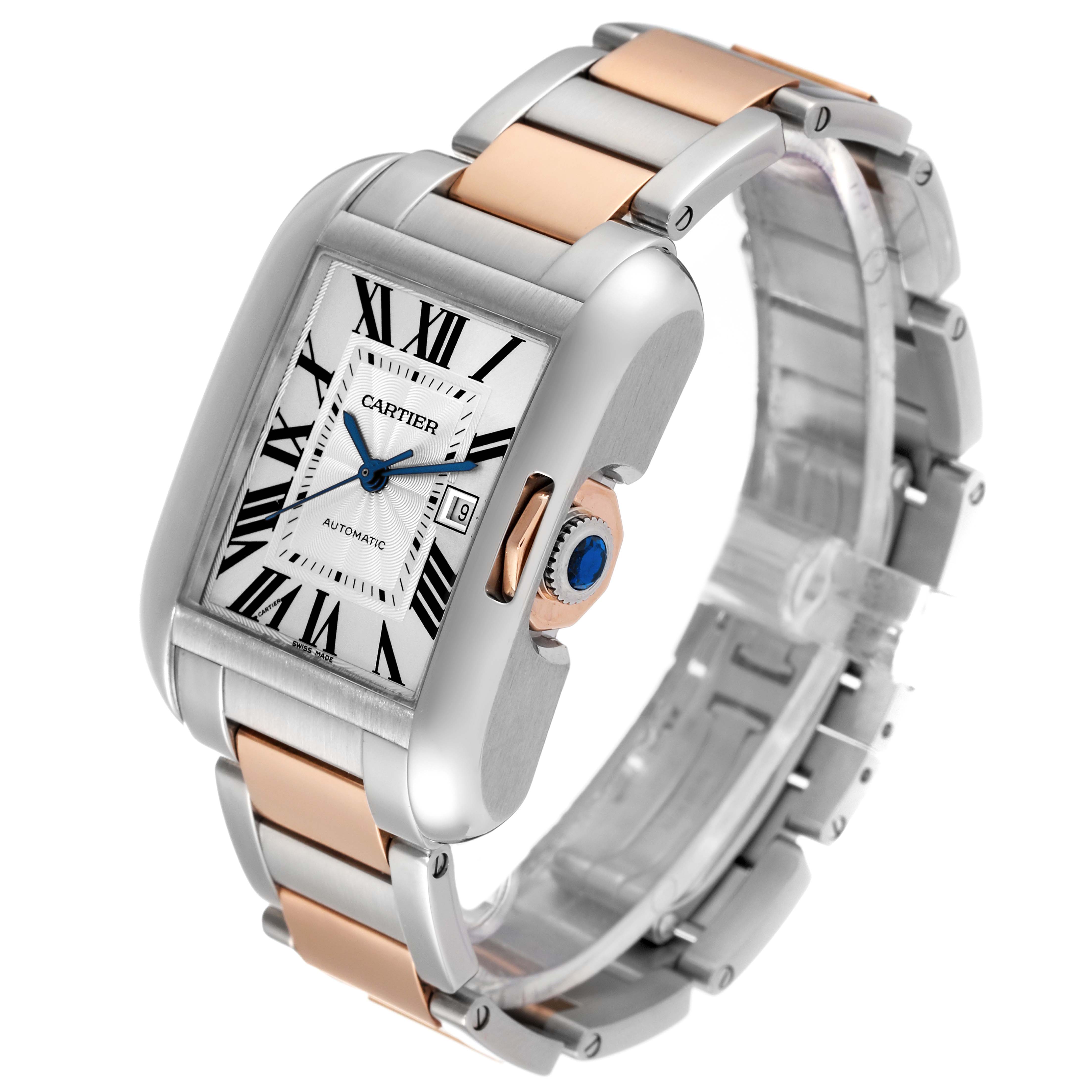 The Cartier Tank Anglaise W5310007 Men
s Steel and Gold (two tone) Silver Dial W5310007 Men
s Steel and Gold (two tone) Silver Dial watch is shown at a slight angle, displaying its face, crown, and two-tone metal bracelet.