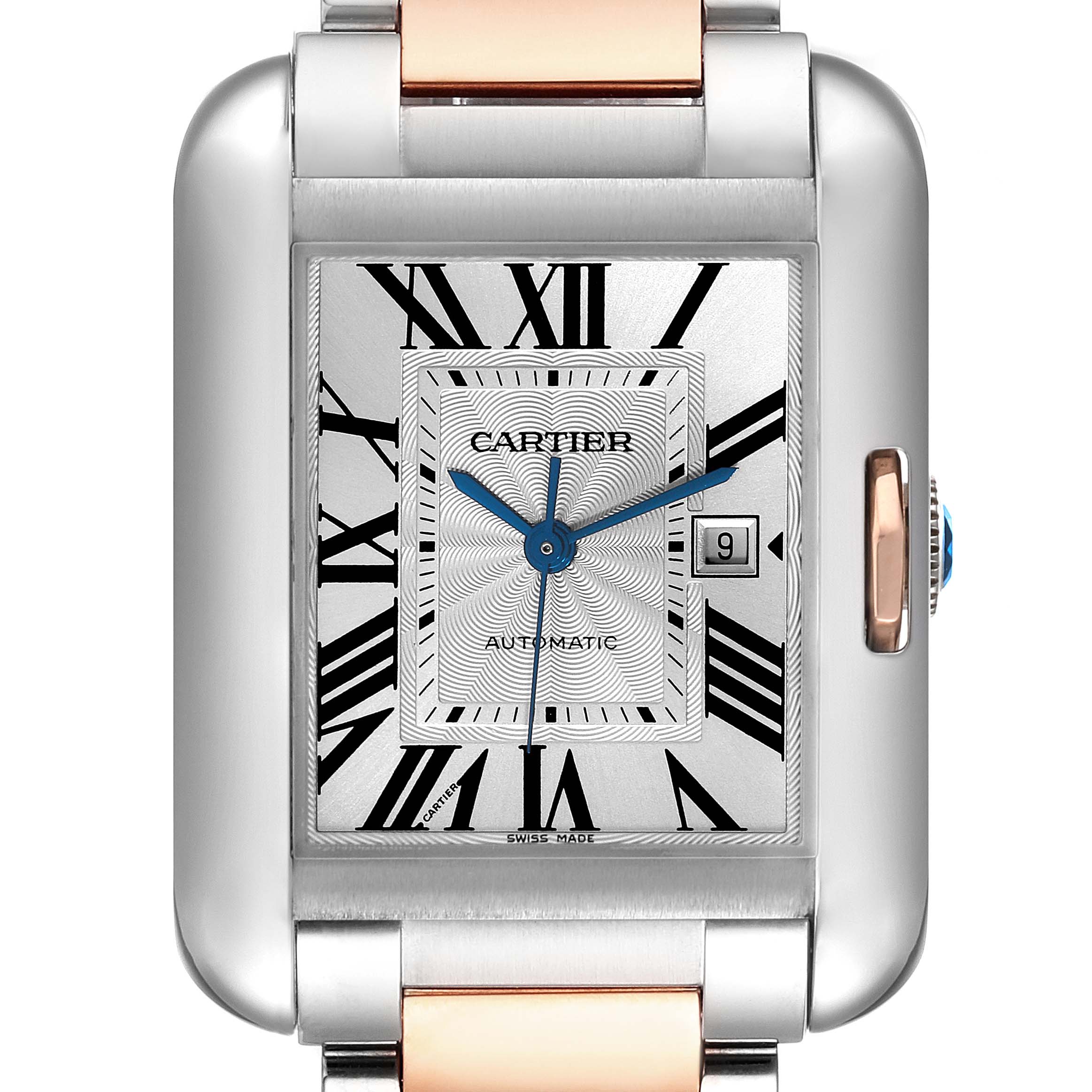 The image shows a front view of the Cartier Tank Anglaise W5310007 Men
s Steel and Gold (two tone) Silver Dial W5310007 Men
s Steel and Gold (two tone) Silver Dial watch, highlighting its rectangular face, Roman numeral markers, and date window.
