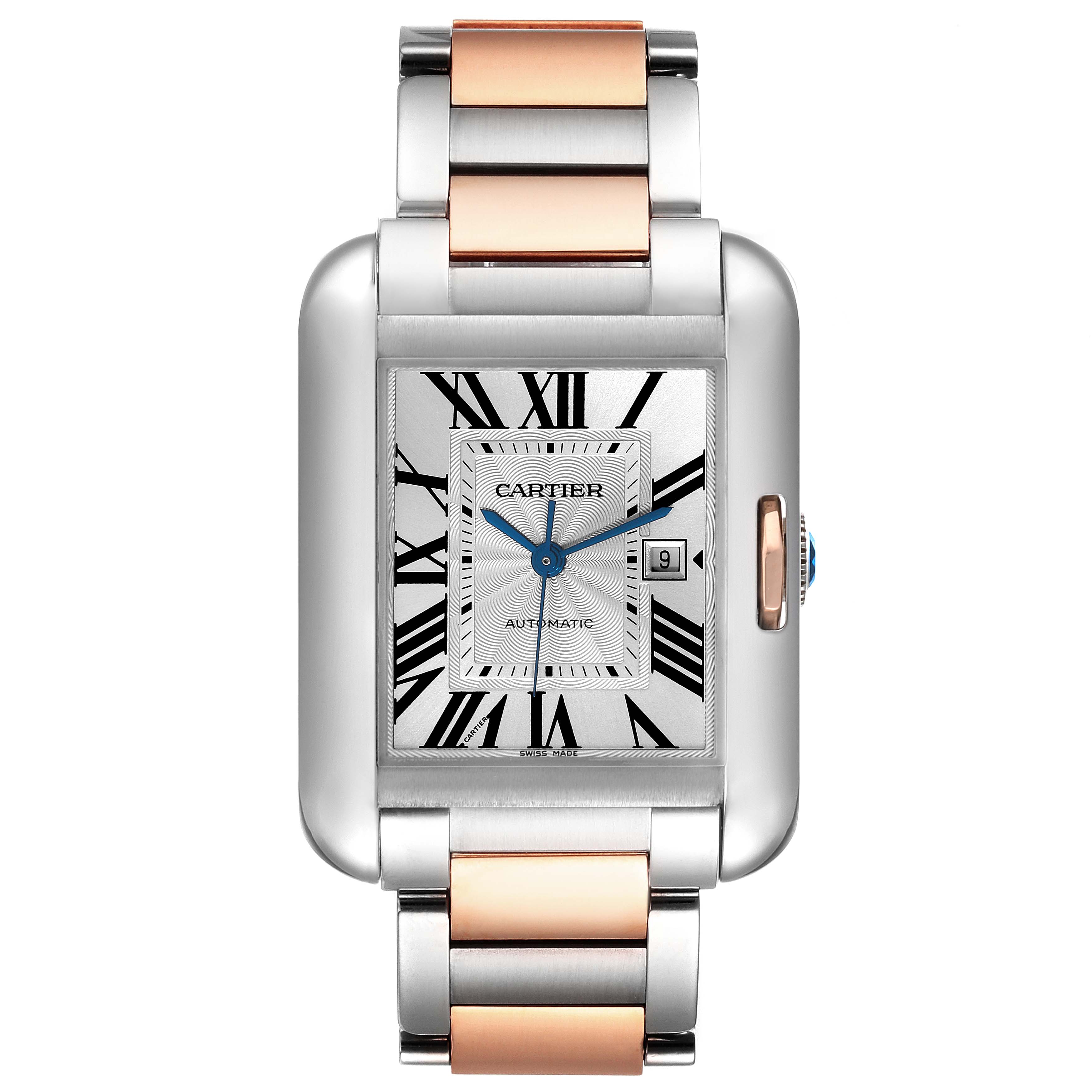The image shows a front view of the Cartier Tank Anglaise W5310007 Men
s Steel and Gold (two tone) Silver Dial W5310007 Men
s Steel and Gold (two tone) Silver Dial watch, highlighting the face, case, and two-tone band.