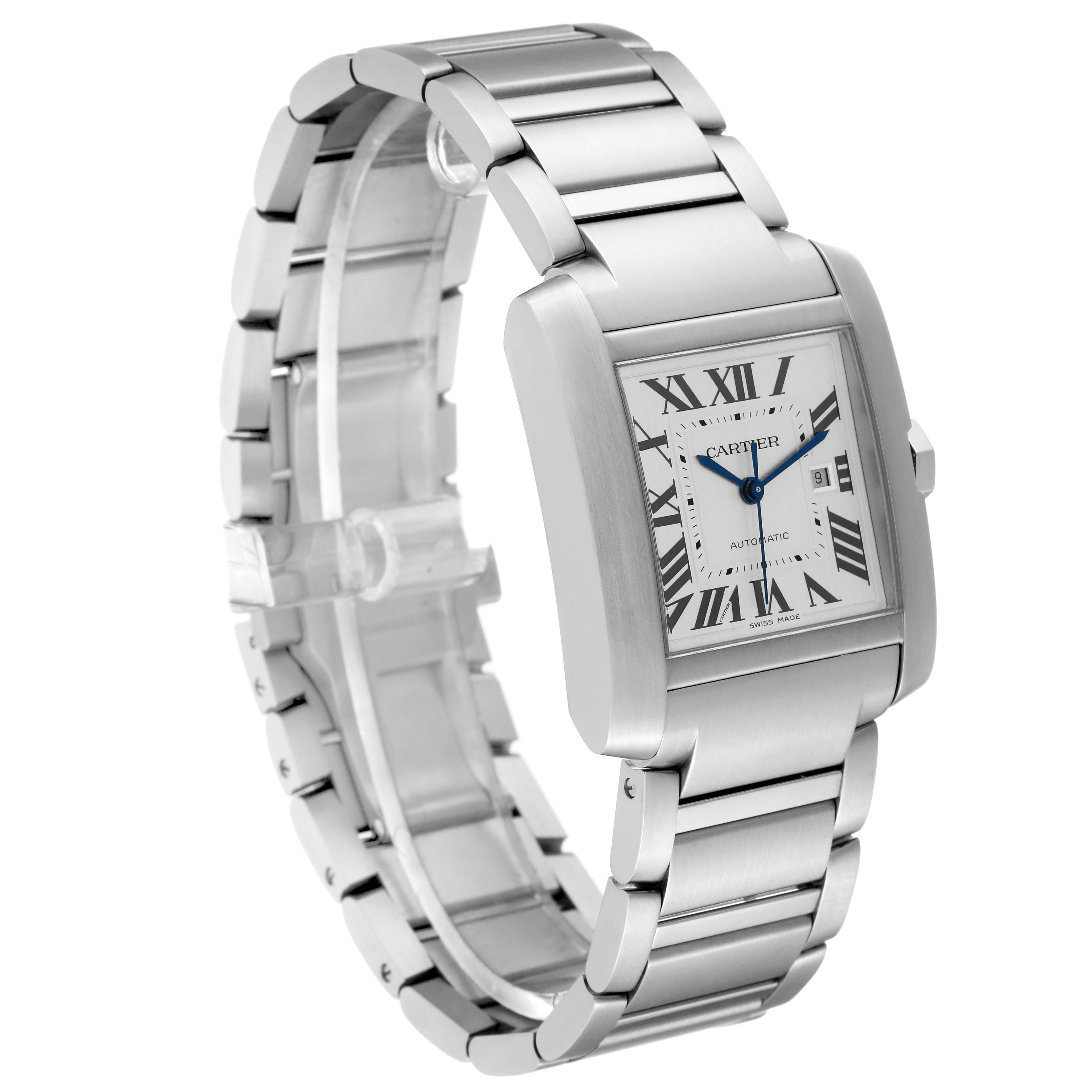 The Tank Française model by Cartier is shown at an angled side view, displaying its rectangular case, Roman numeral dial, and metal bracelet.
