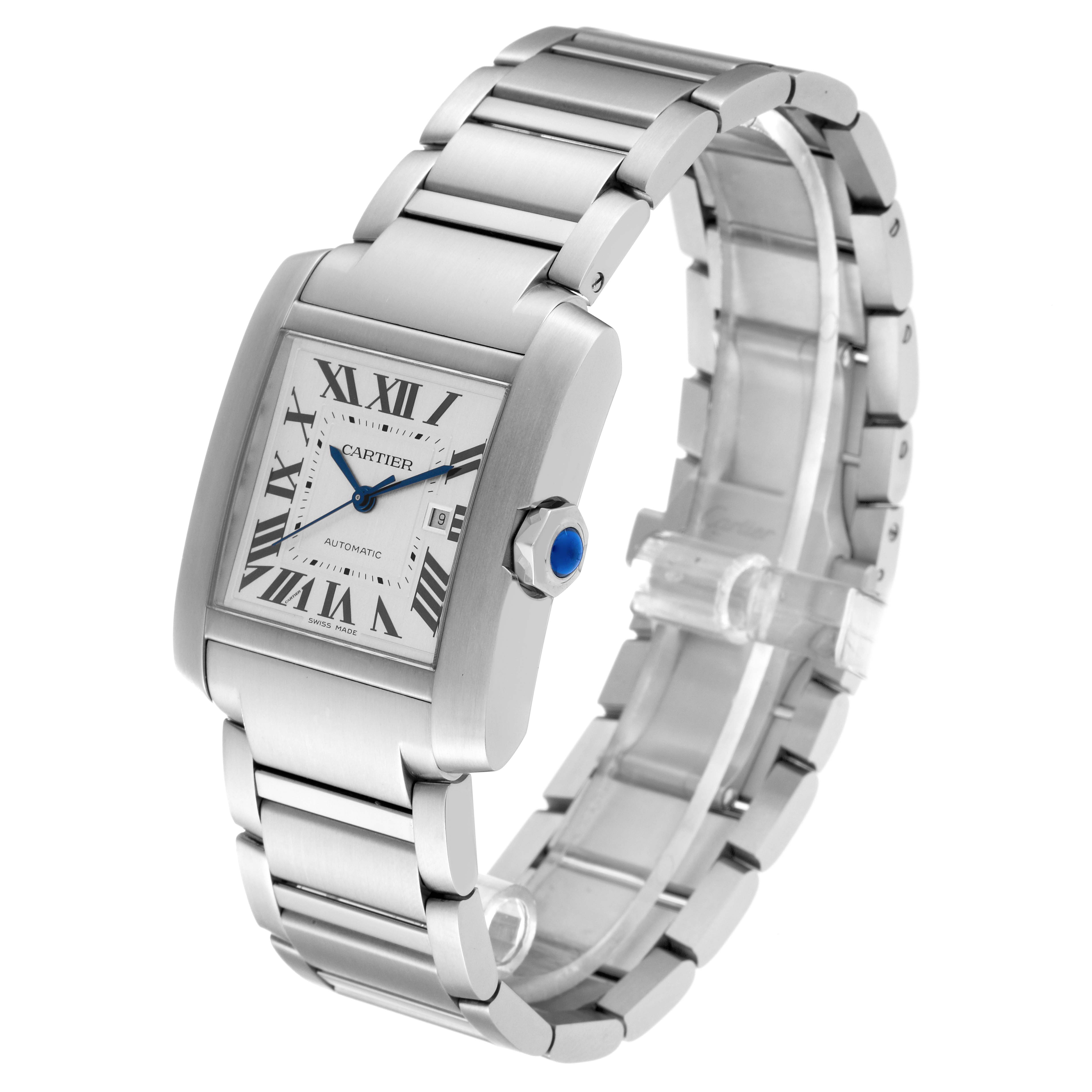 The Cartier Tank Francaise WSTA0067 Men
s Stainless Steel Silver Dial WSTA0067 Men
s Stainless Steel Silver Dial watch is shown from a three-quarter angle, displaying its rectangular face, bracelet, and blue crown.