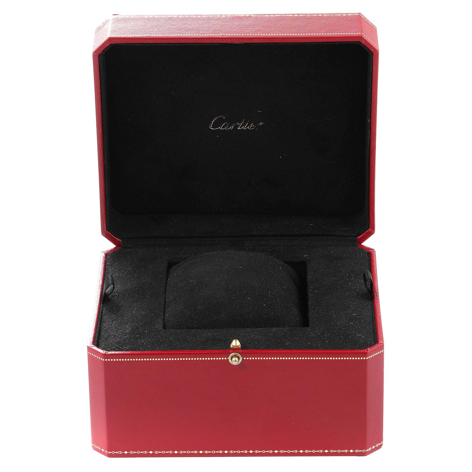 This image shows an open red Cartier box, likely for a Tank Francaise model watch, with a black interior and Cartier branding.