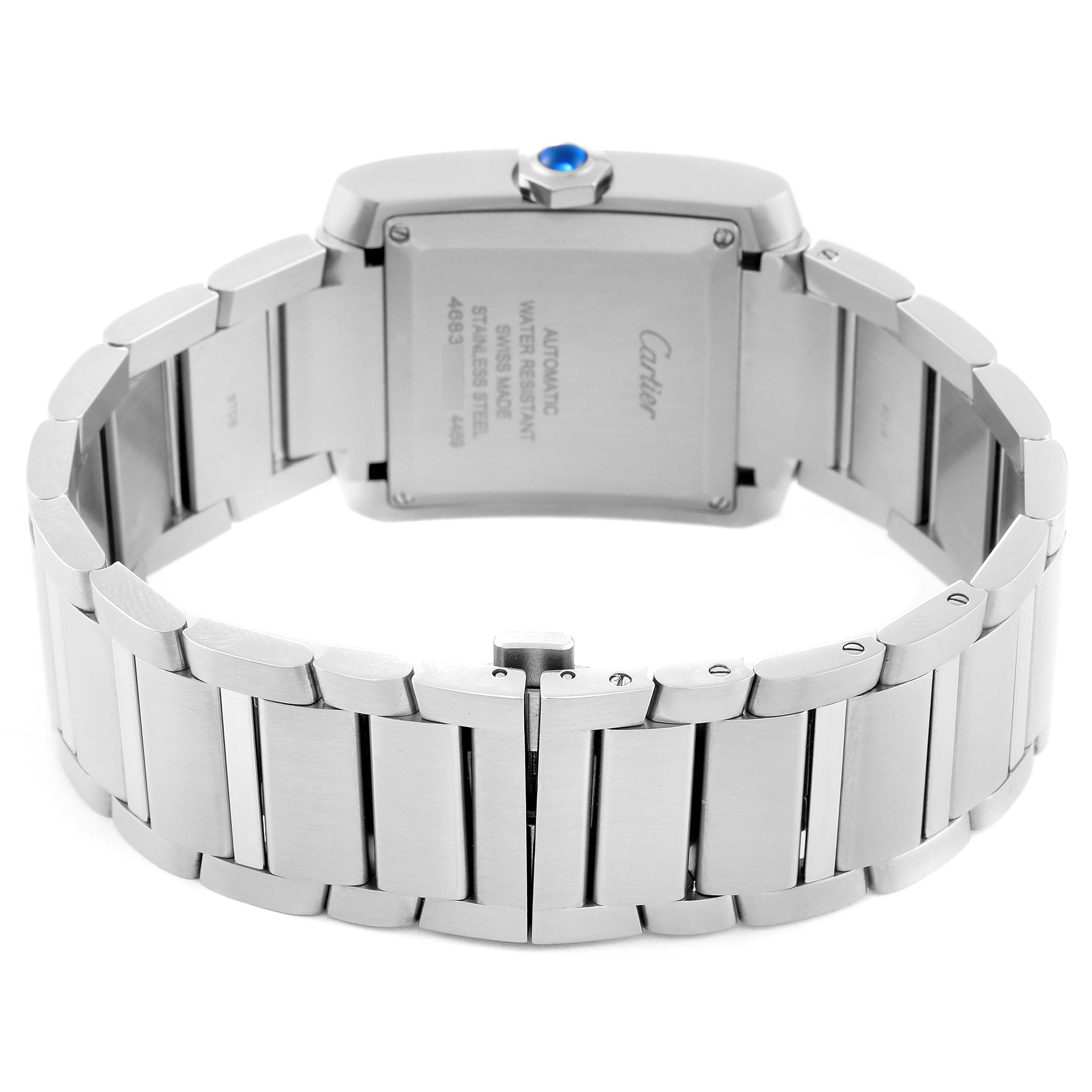 The image shows the back and strap of a Cartier Tank Francaise WSTA0067 Men
s Stainless Steel Silver Dial WSTA0067 Men
s Stainless Steel Silver Dial watch, highlighting its stainless steel bracelet and case back.