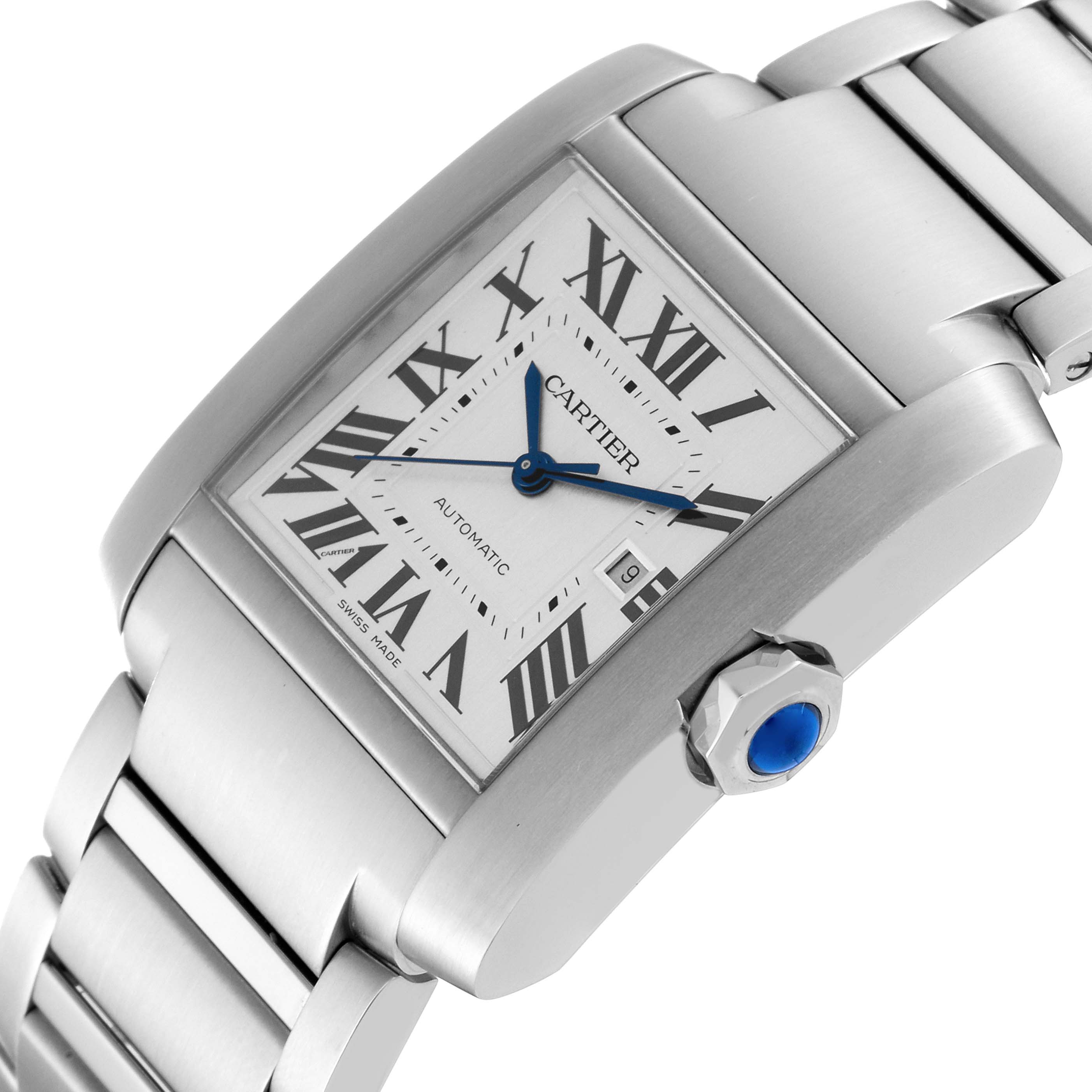 The Cartier Tank Francaise WSTA0067 Men
s Stainless Steel Silver Dial WSTA0067 Men
s Stainless Steel Silver Dial watch is shown at a close angle, displaying the face, crown, and part of the band.
