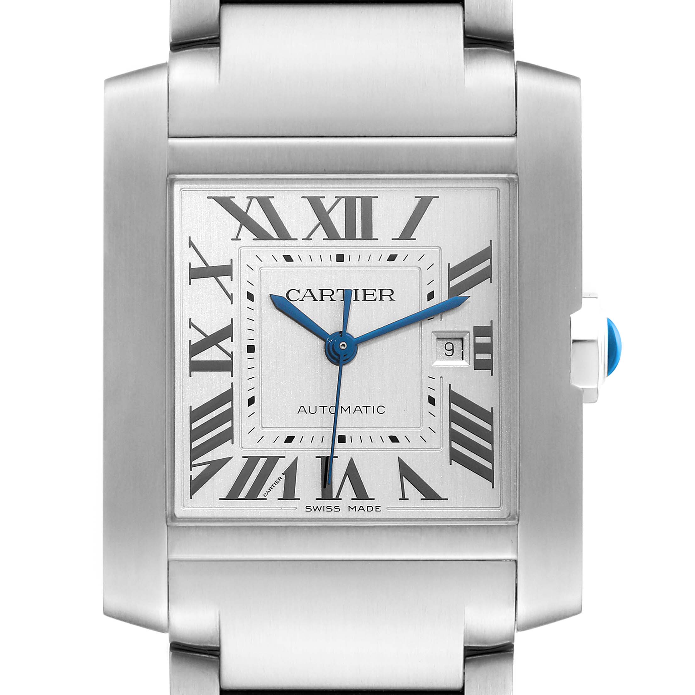 This image shows a frontal view of the Cartier Tank Française watch face and part of the bracelet.