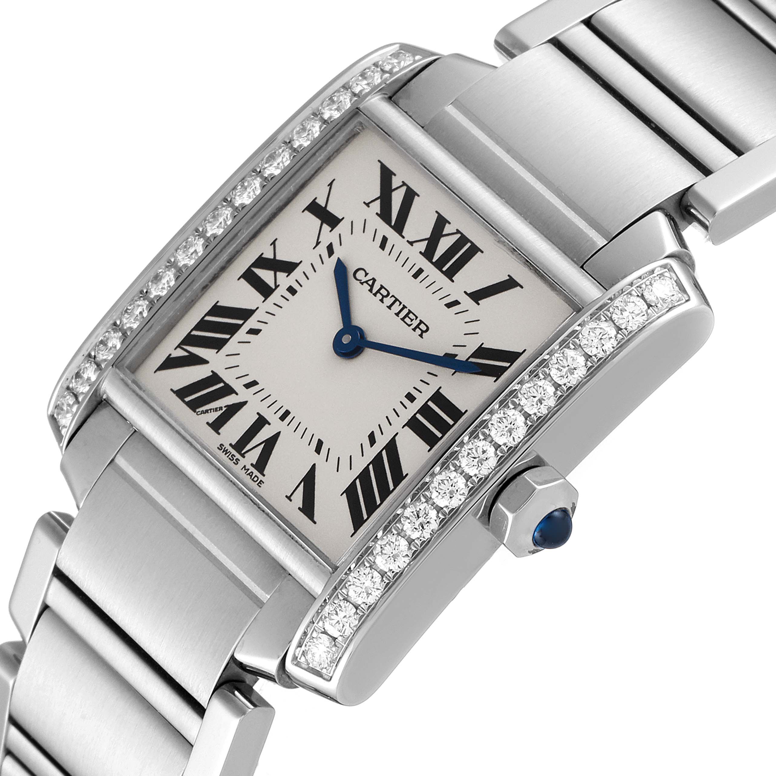 The image shows a close-up angled view of a Cartier Tank Française watch, highlighting its diamond-studded bezel and Roman numeral dial.