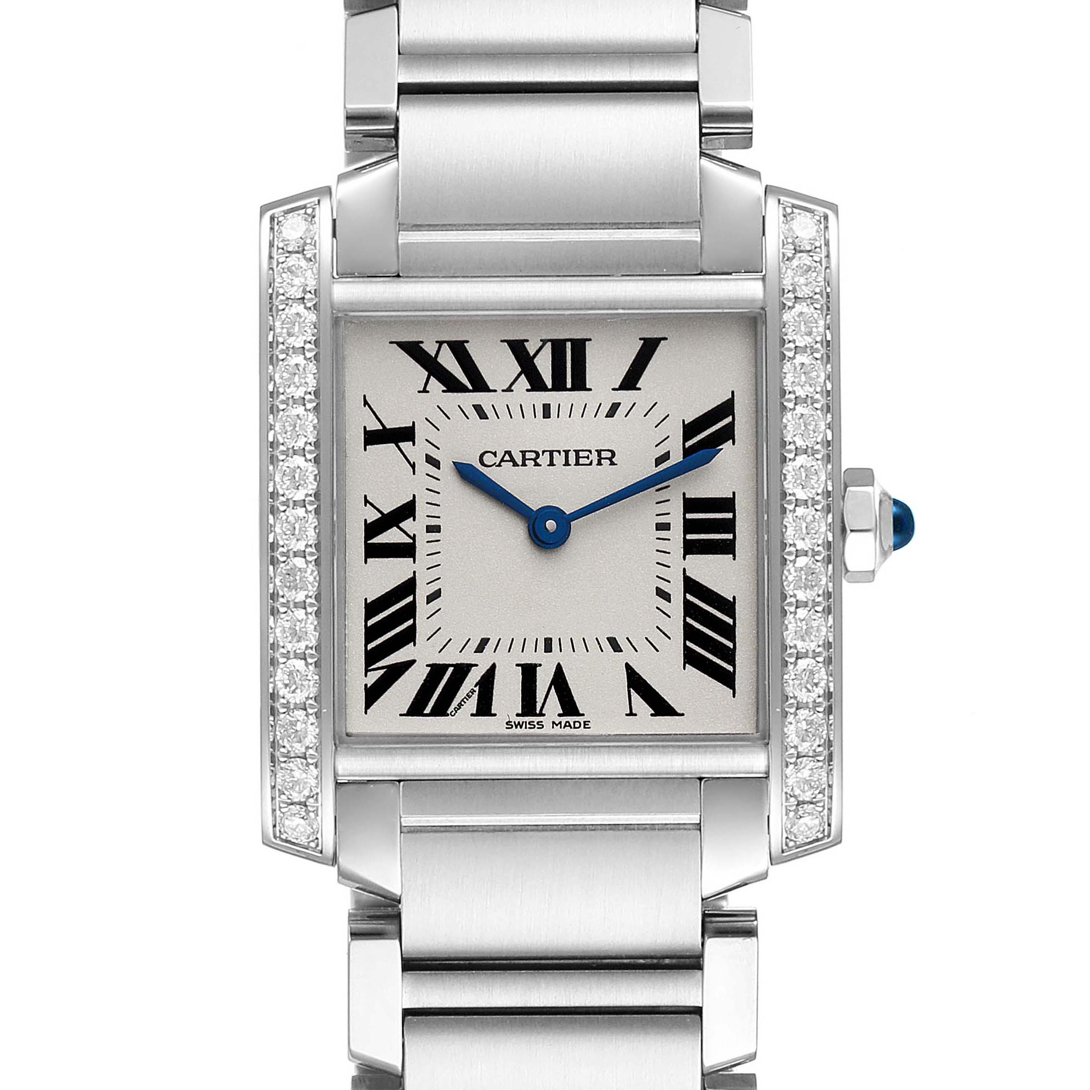 The image shows a front view of a Cartier Tank Francaise W4TA0009 Women's Stainless Steel Silver Dial W4TA0009 Women's Stainless Steel Silver Dial watch, highlighting its rectangular face, Roman numerals, and metal bracelet.