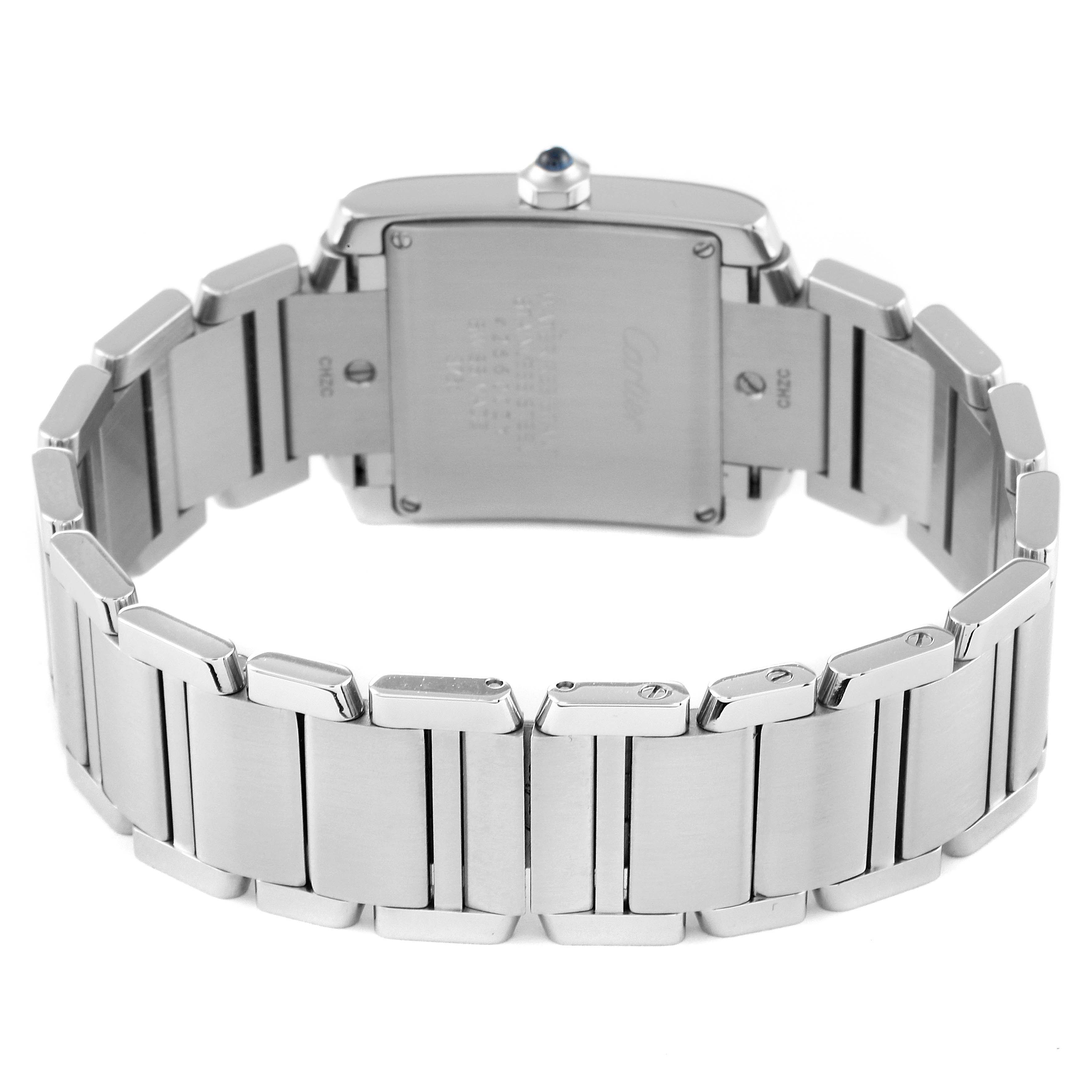 The image displays the back view of a Cartier Tank Francaise W4TA0009 Women's Stainless Steel Silver Dial W4TA0009 Women's Stainless Steel Silver Dial watch, highlighting its metal bracelet and case back.