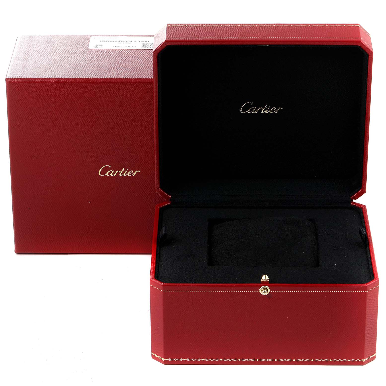 The image shows an open Cartier Tank Francaise W4TA0009 Women's Stainless Steel Silver Dial W4TA0009 Women's Stainless Steel Silver Dial watch box, showcasing its interior and exterior design.