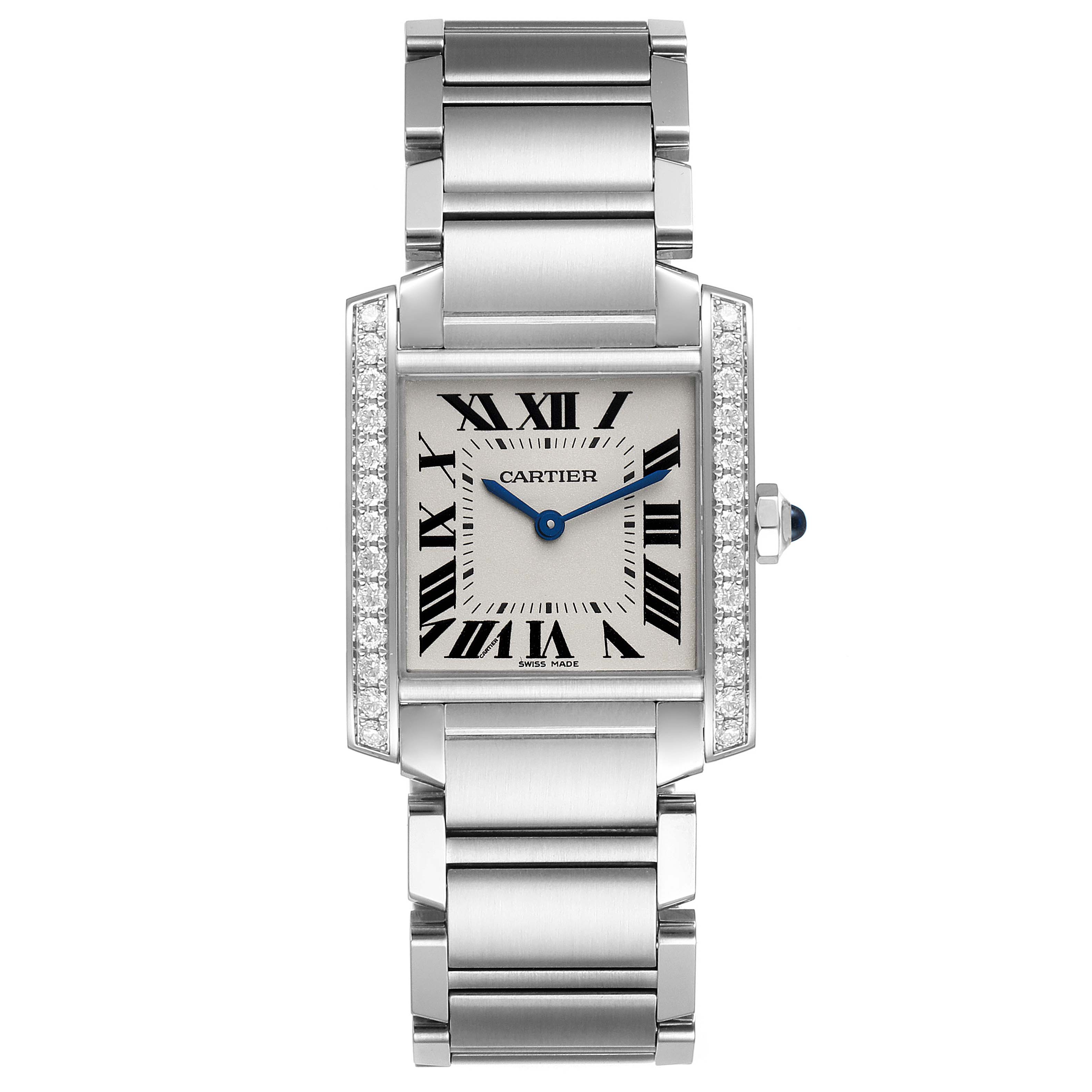 The image shows a frontal view of a Cartier Tank Francaise W4TA0009 Women's Stainless Steel Silver Dial W4TA0009 Women's Stainless Steel Silver Dial watch, highlighting the face, bracelet, and diamond-encrusted bezel.