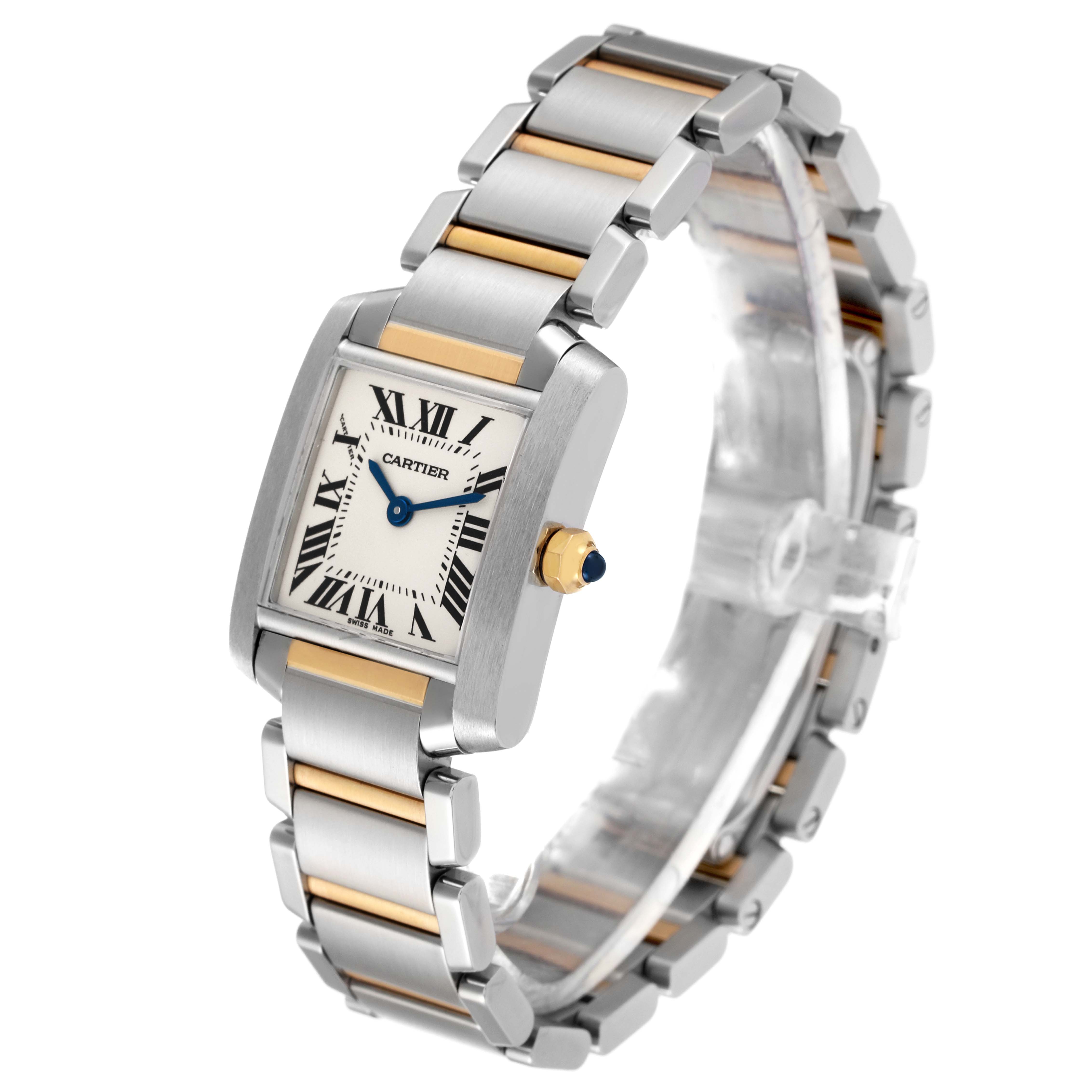 The image shows a Cartier Tank Francaise W51007Q4 Women's Steel and Gold (two tone) Silver Dial W51007Q4 Women's Steel and Gold (two tone) Silver Dial watch at a front angle, highlighting its stainless steel and gold bracelet and rectangular face.