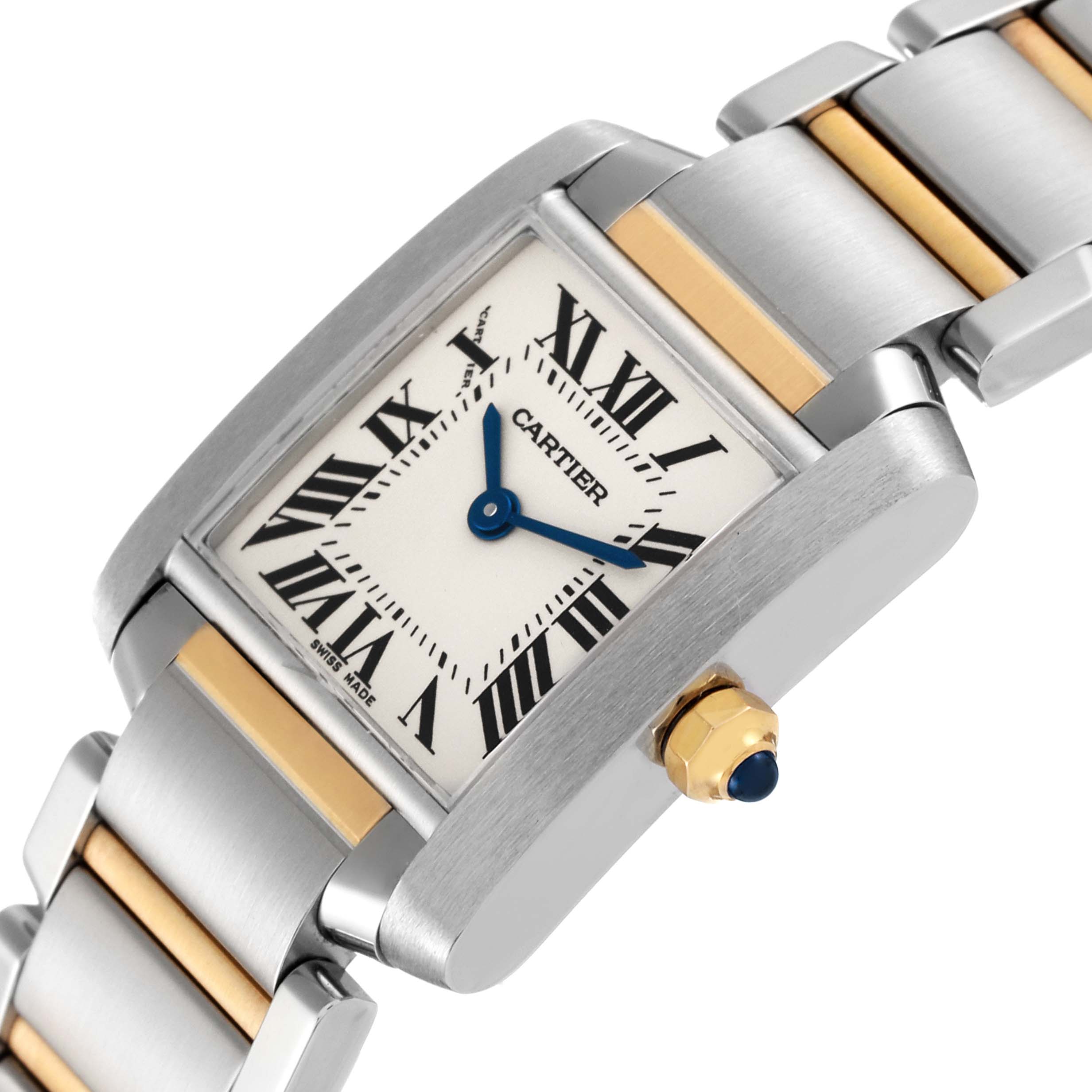 The image shows a close-up, angled view of the Cartier Tank Francaise W51007Q4 Women's Steel and Gold (two tone) Silver Dial W51007Q4 Women's Steel and Gold (two tone) Silver Dial watch face and part of the bracelet.