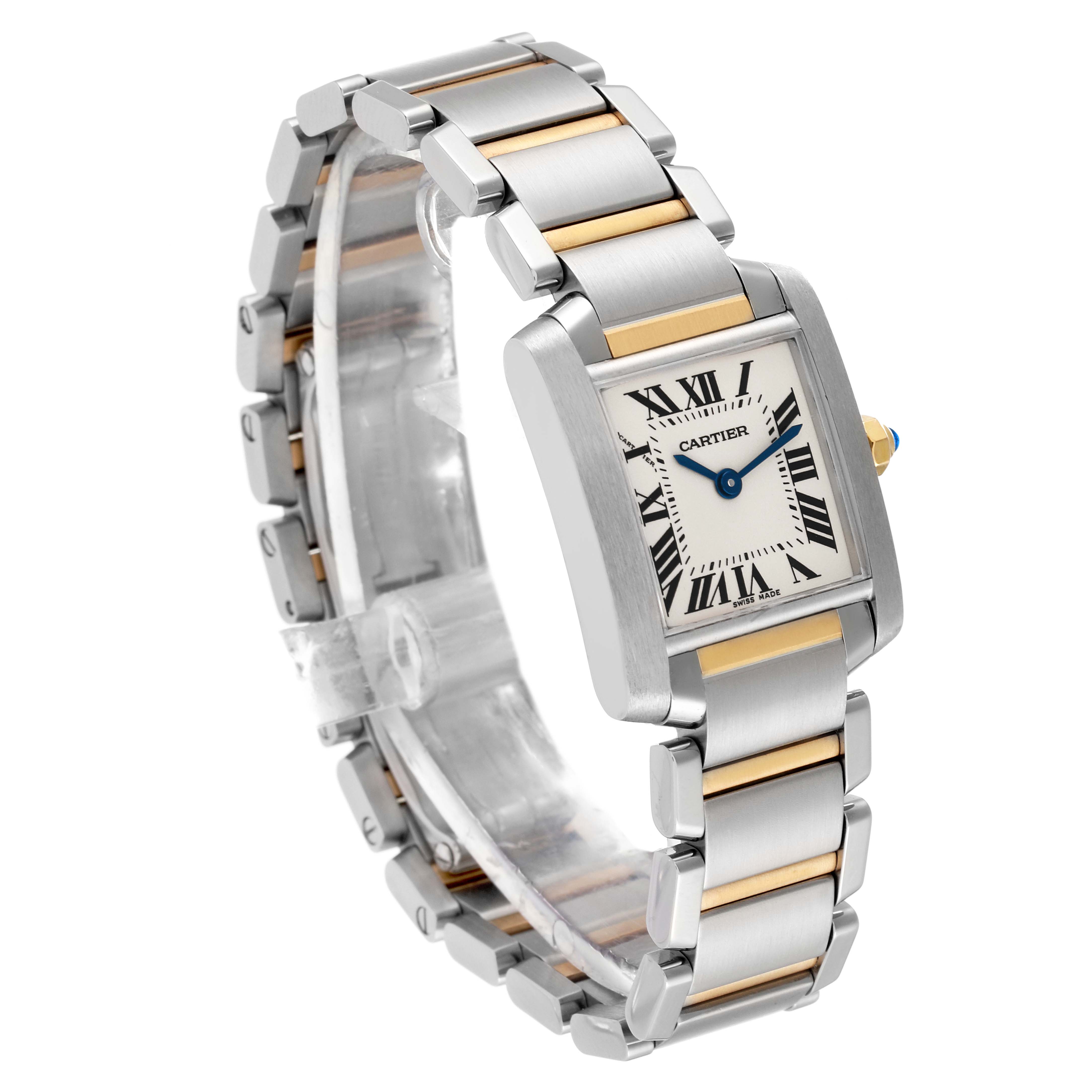 The image shows the Cartier Tank Française watch at an angled view, highlighting its face and two-tone metal strap.