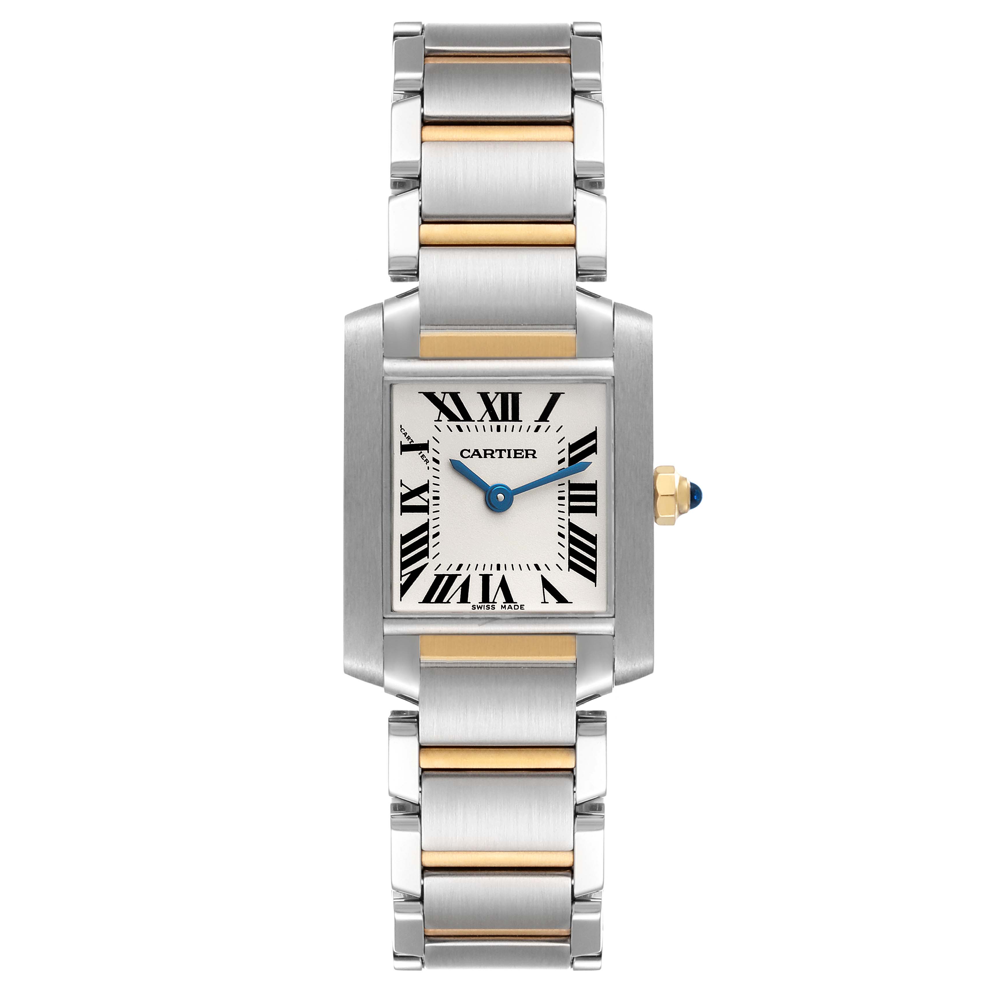 This image shows a front view of a Cartier Tank Francaise W51007Q4 Women's Steel and Gold (two tone) Silver Dial W51007Q4 Women's Steel and Gold (two tone) Silver Dial watch with a metallic band and Roman numeral dial.